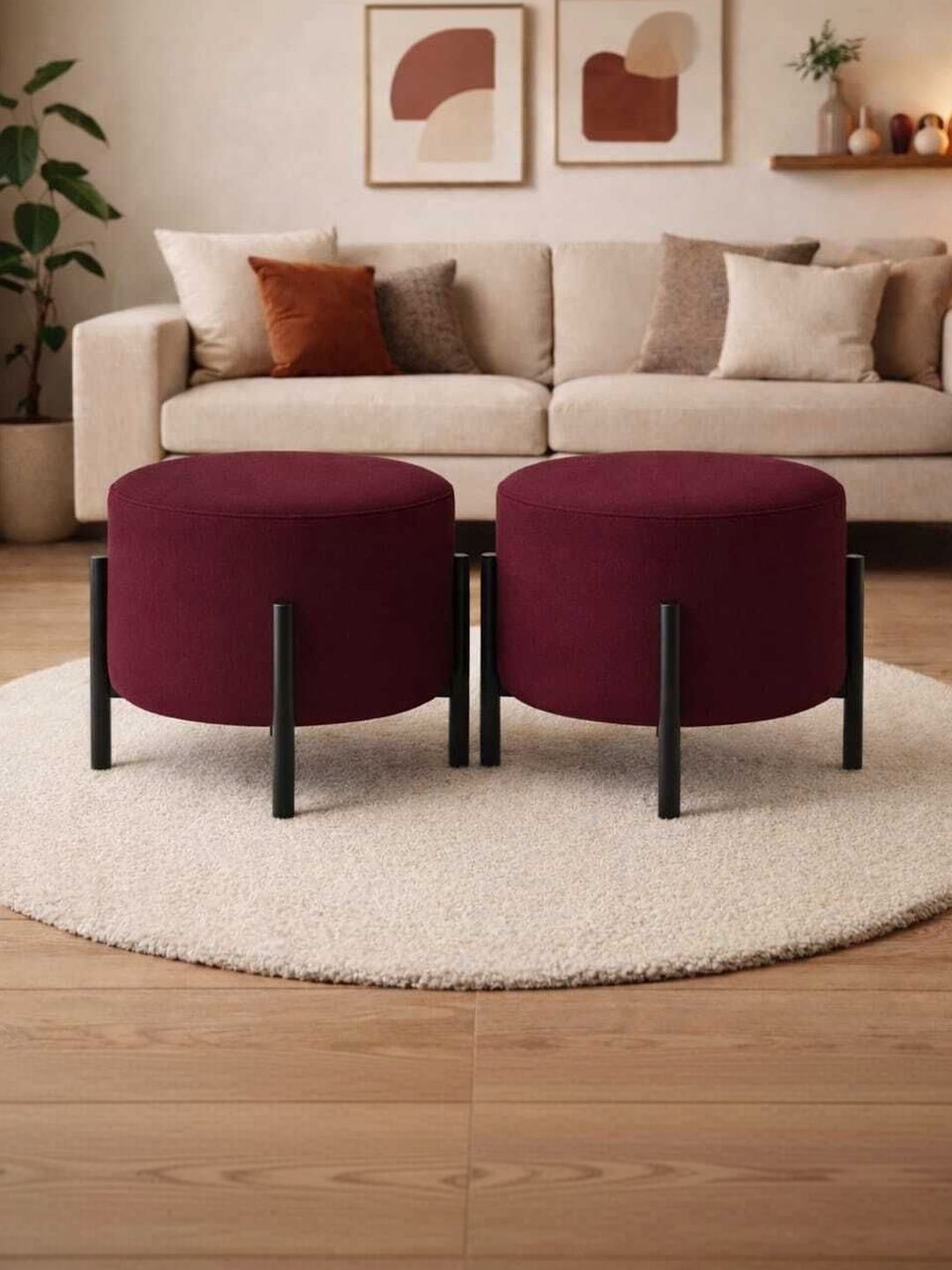 JAICO 2 Pieces Maroon Round Ottomans
