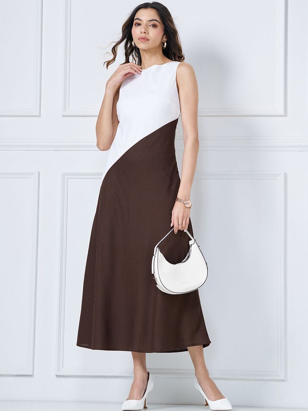 Colourblocked A-Line Midi Dress Annabelle by Pantaloons Colourblocked A-Line Midi Dress