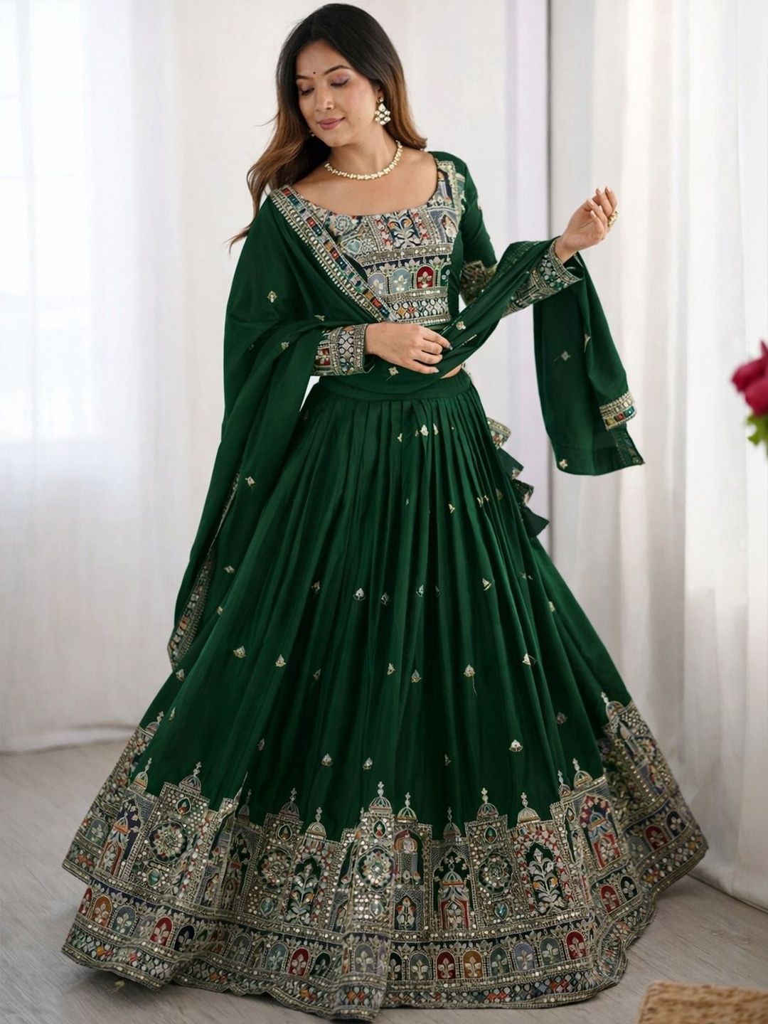 SUPPAR SLEAVE Embellished Mirror Work Ready to Wear Lehenga & Blouse With Dupatta