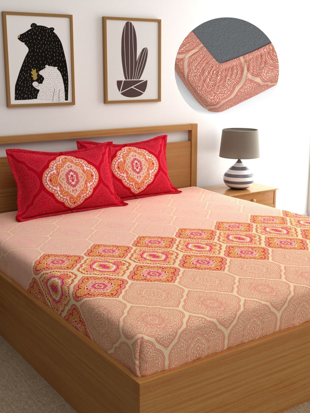 Dreamscape Peach-Coloured Ethnic Motifs 140 TC Bedsheet with 2 Pillow Covers