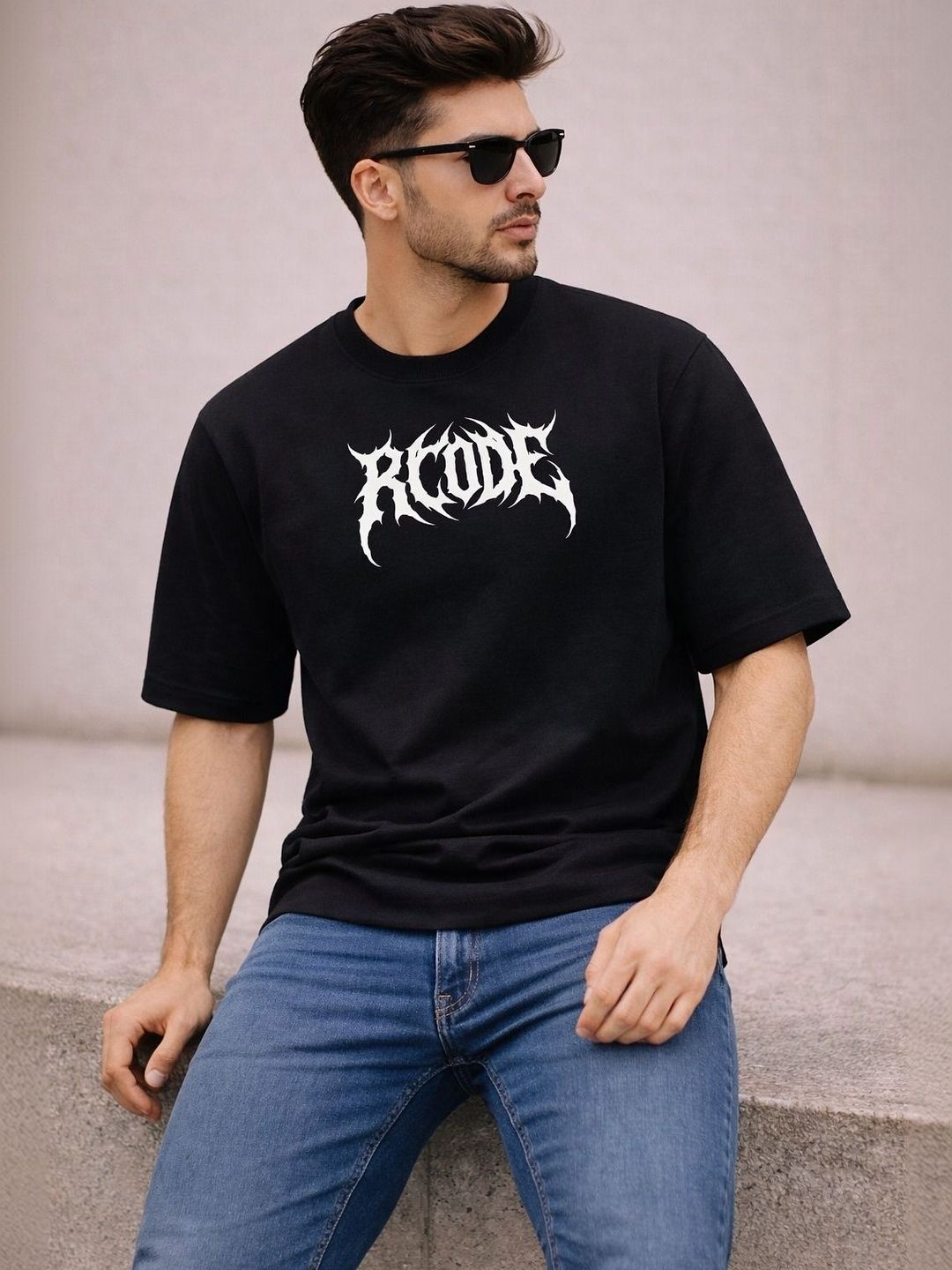 R.Code by The Roadster Life Co. Men Typography Printed Drop-Shoulder Sleeves T-shirt