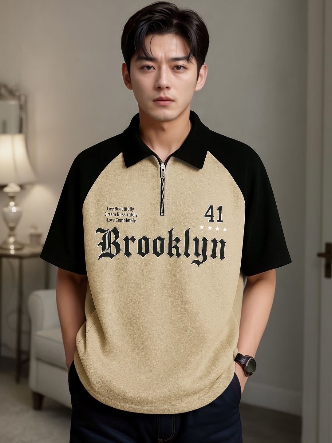 JUMPCUTS Men Typography Colourblocked Polo Collar T-shirt