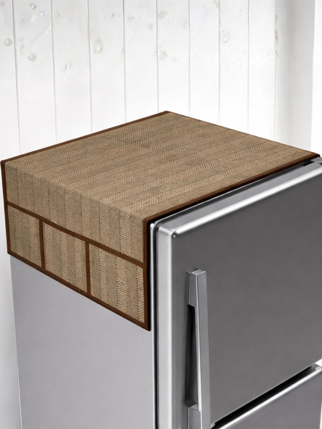 Kuber Industries Beige & Maroon Striped Jute Waterproof Scratch Resistant Fridge Top Cover