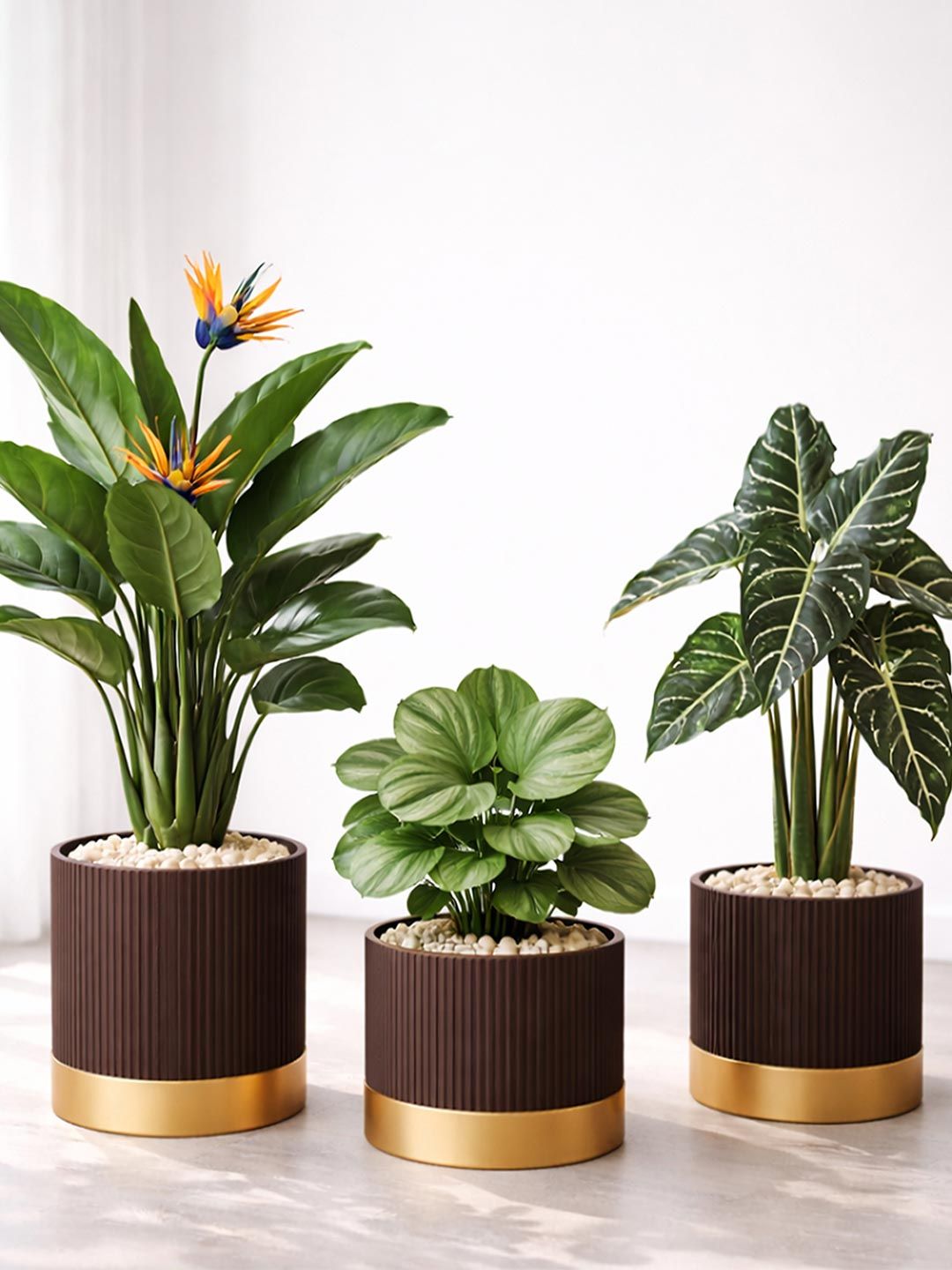 Art Street 3 Pieces Brown & Gold Toned Textured Planters