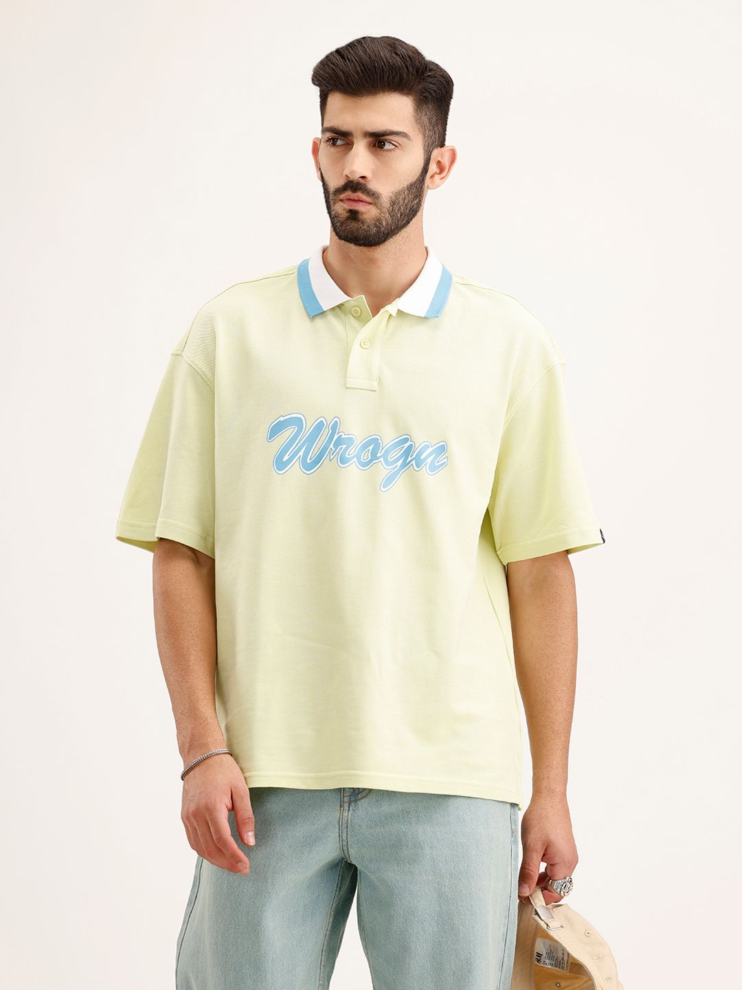 WROGN Brand Logo Printed Polo Collar Drop-Shoulder Sleeves Pure Cotton Oversized T-shirt