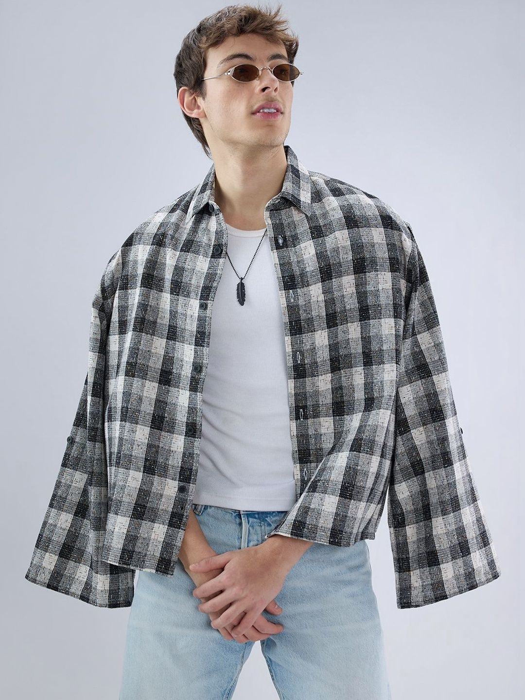 VASTRADO Black & White Jacquard Interweave Boxy Fit Crop Shirt
