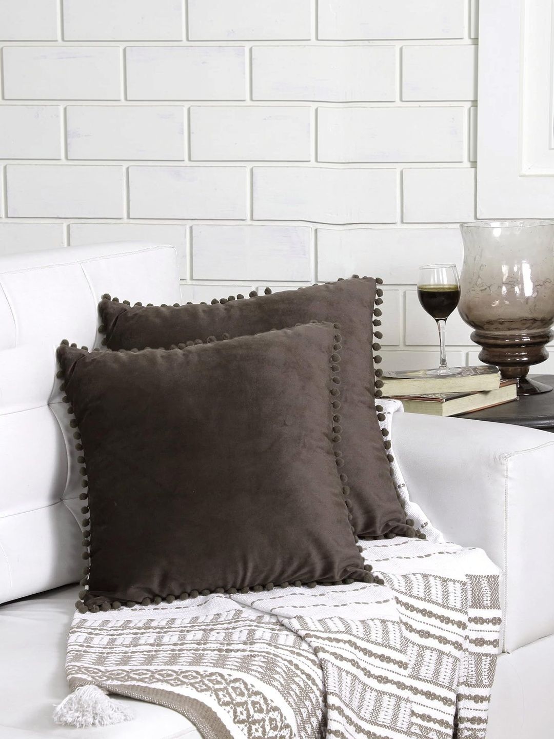 KNOTTING HOME Coffee Brown Set of 2 Velvet Square Cushion Covers