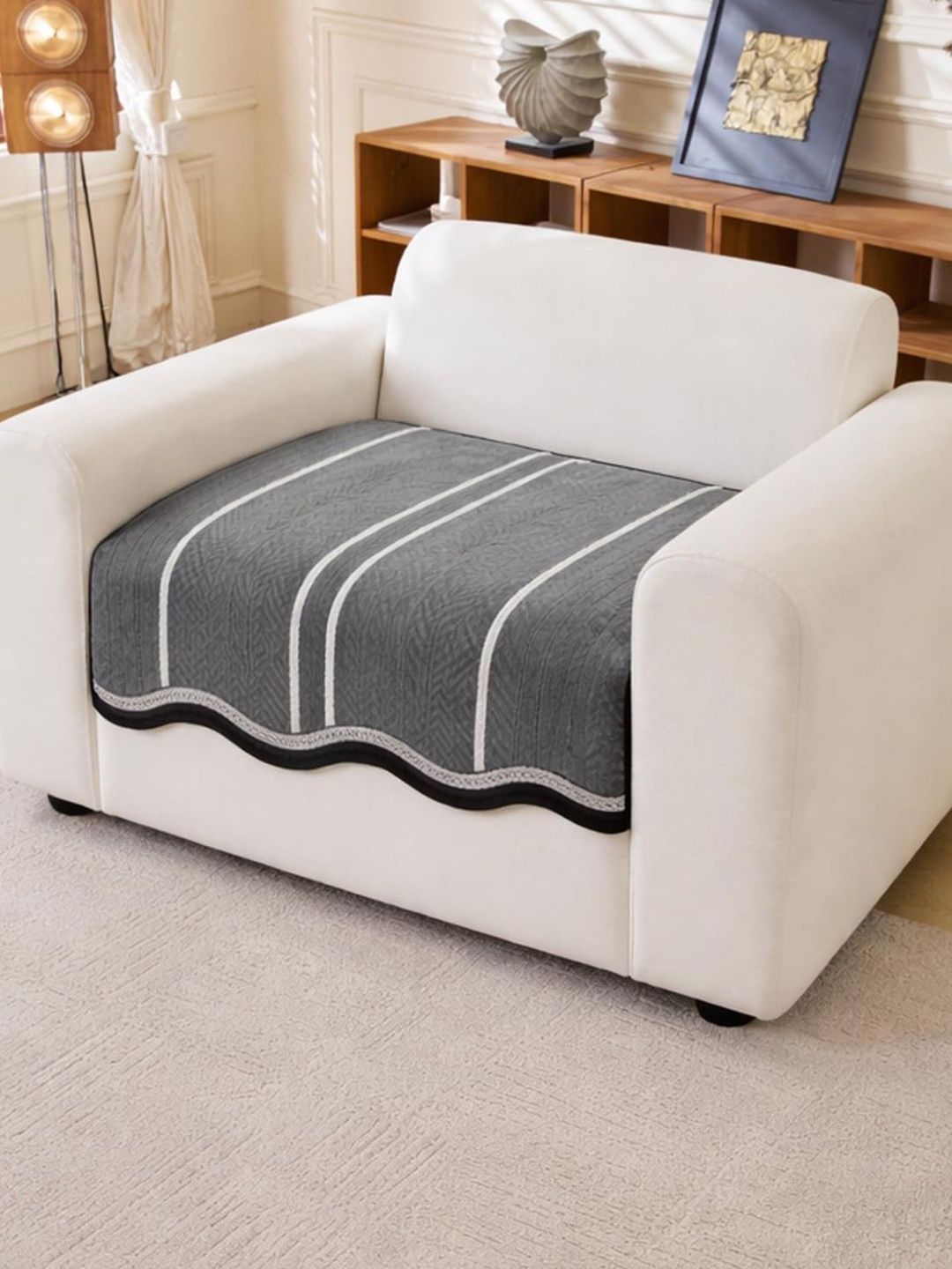 HOUSE OF QUIRK Grey & Grey Striped 1 Piece Sofa Cover Without Arms