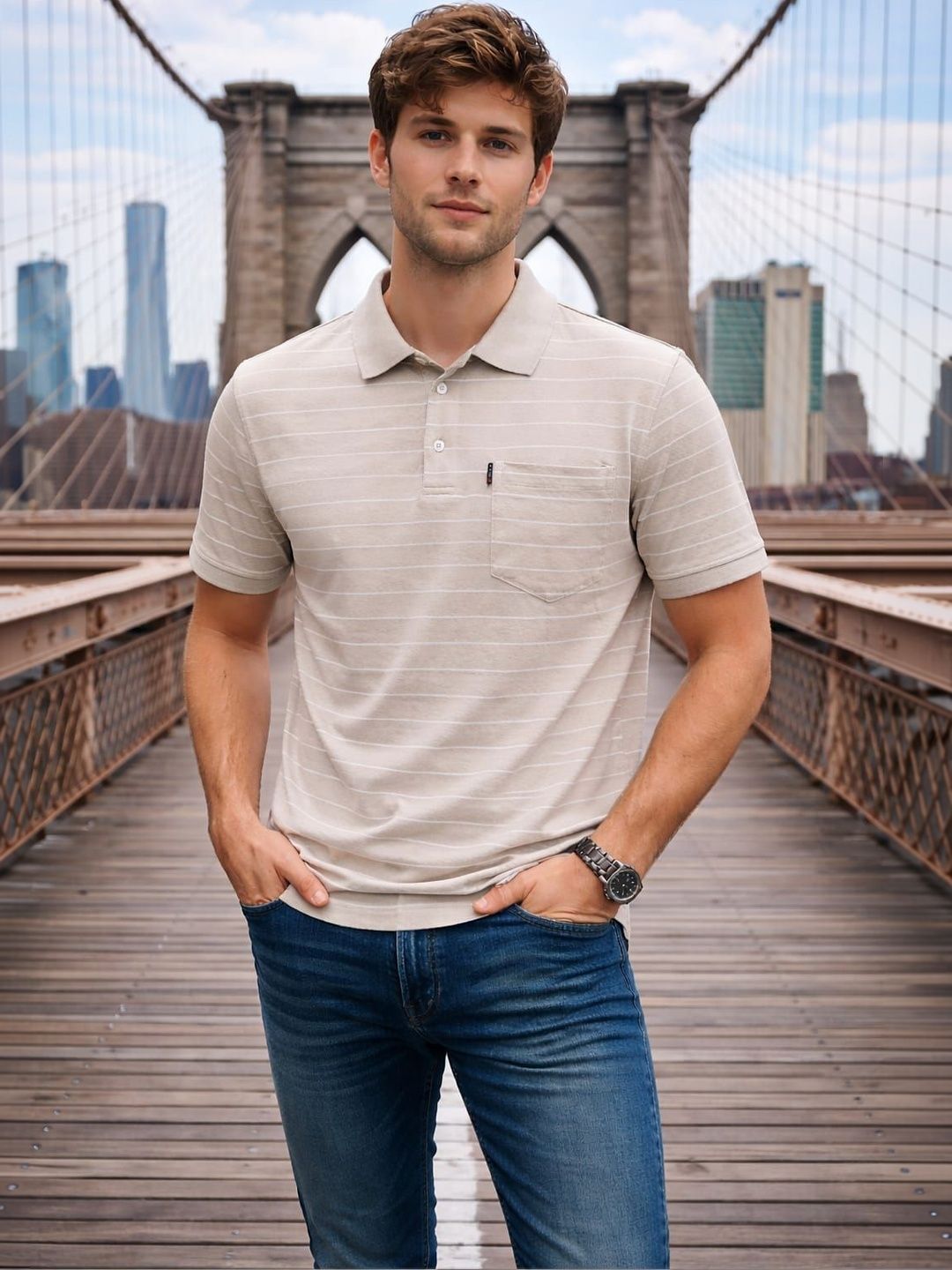 WILD ELEPHANT Men Striped Polo Collar Pockets T-shirt