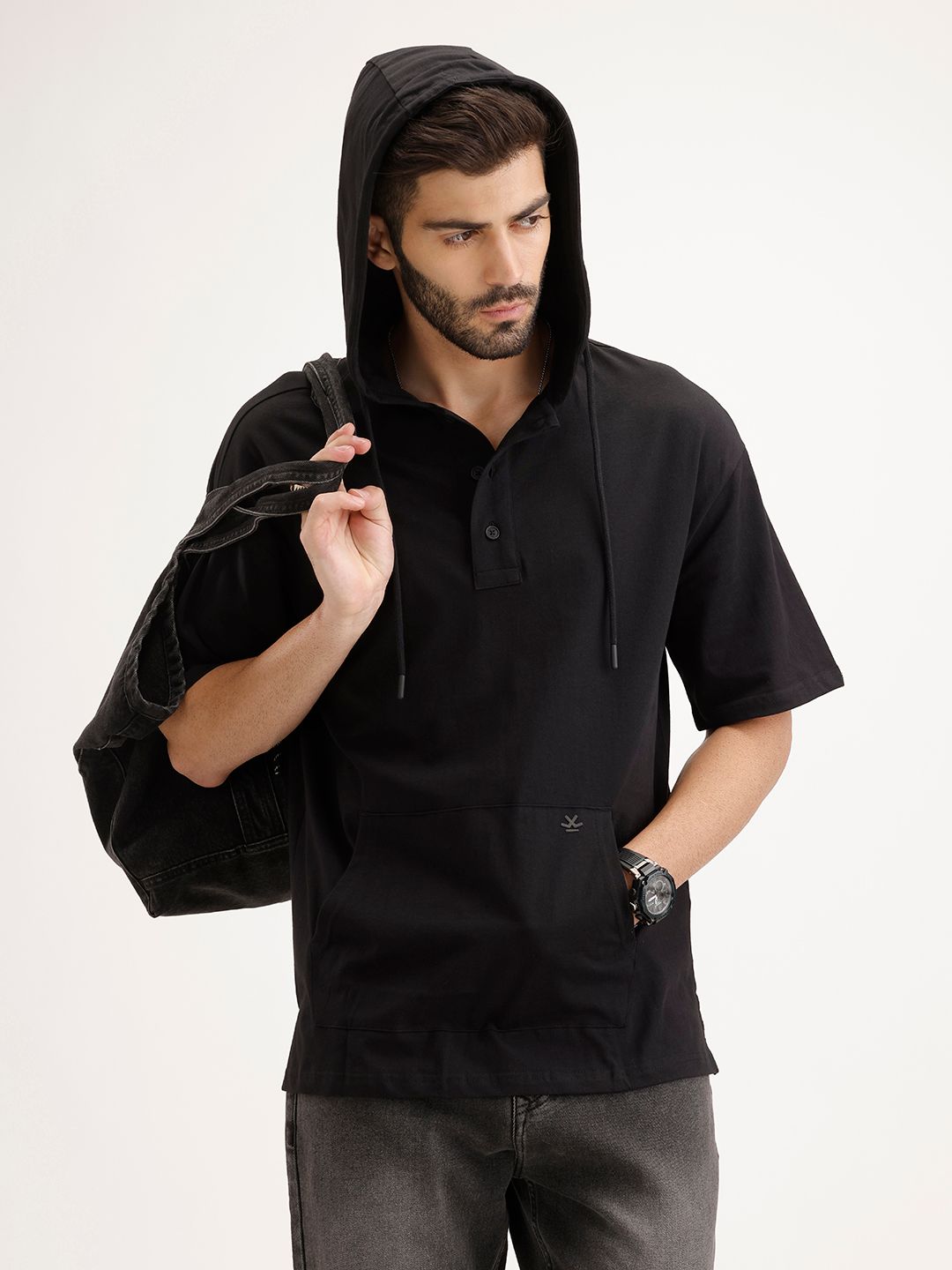 WROGN WROGN Pure Cotton Hooded Oversized Pocket T-shirt