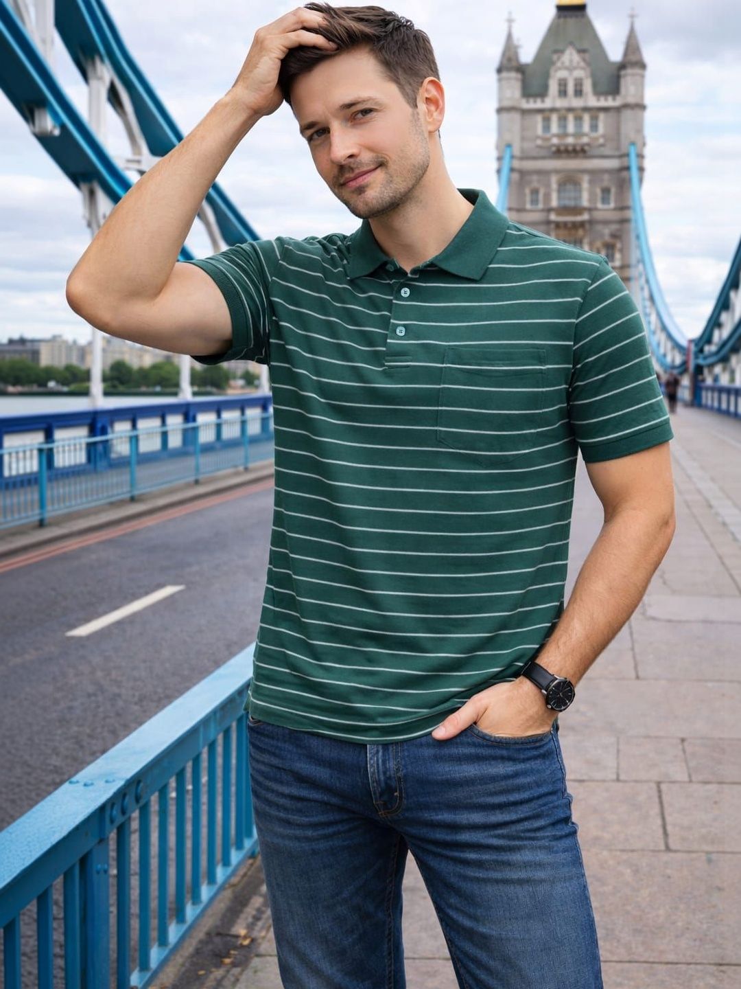 WILD ELEPHANT Men Striped Polo Collar Pockets T-shirt