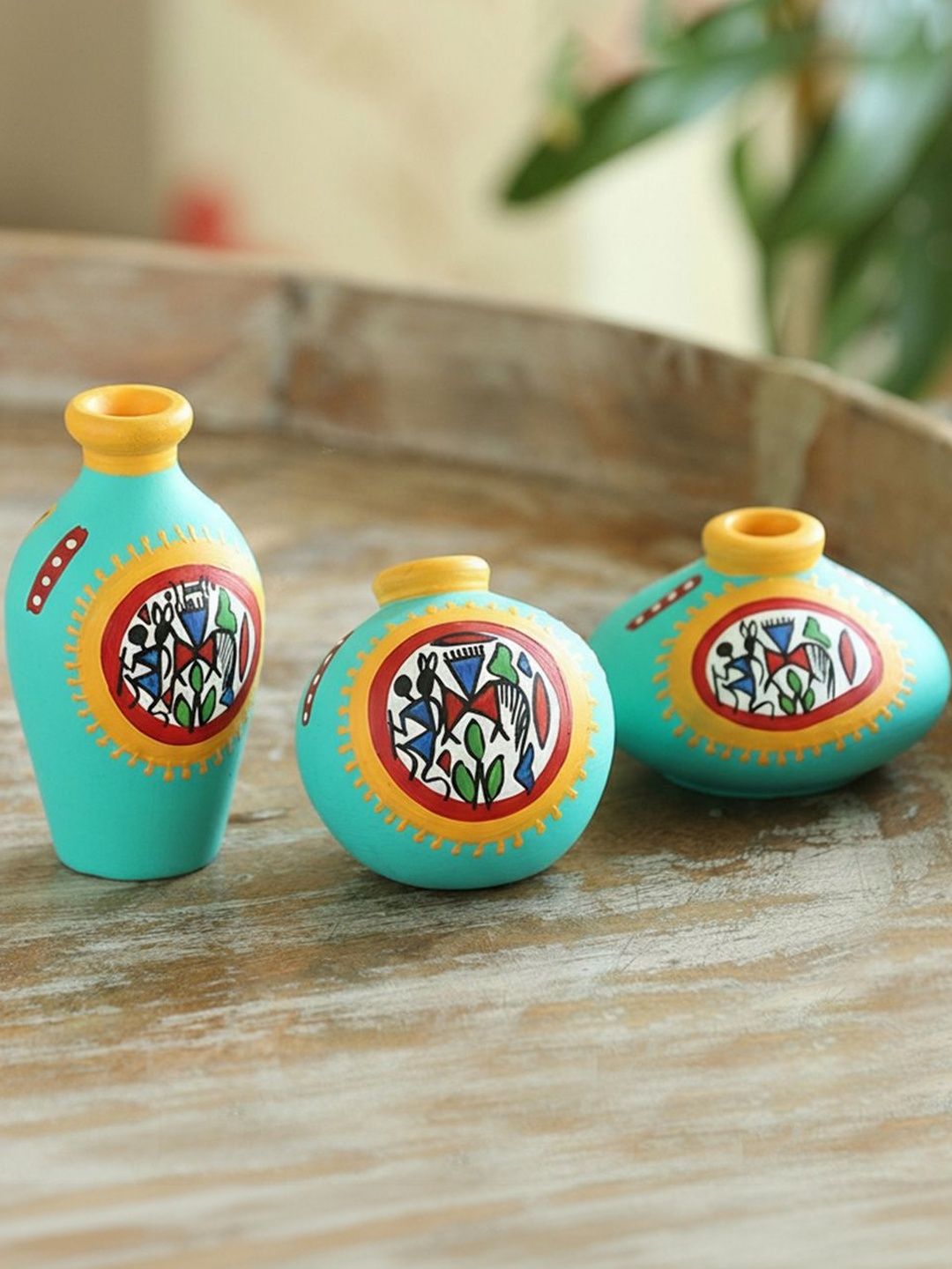 ExclusiveLane Warli Grace 3Pcs Yellow & Turquoise Blue Printed Flower Vases