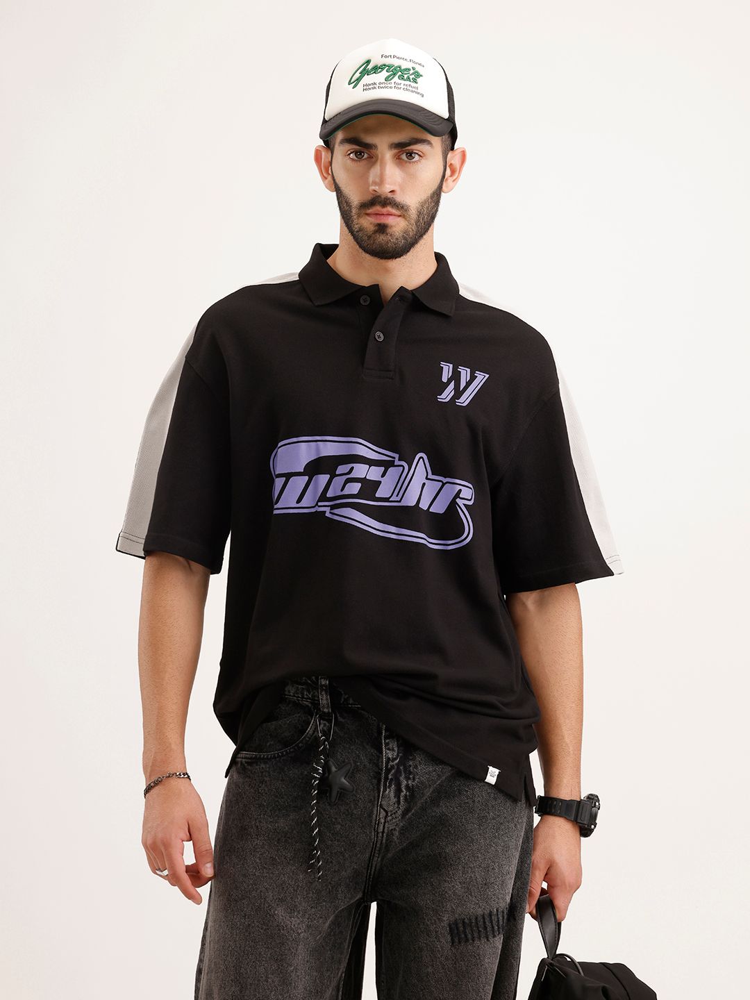 WROGN WROGN Typography Printed Pure Cotton Polo Collar Oversized T-shirt