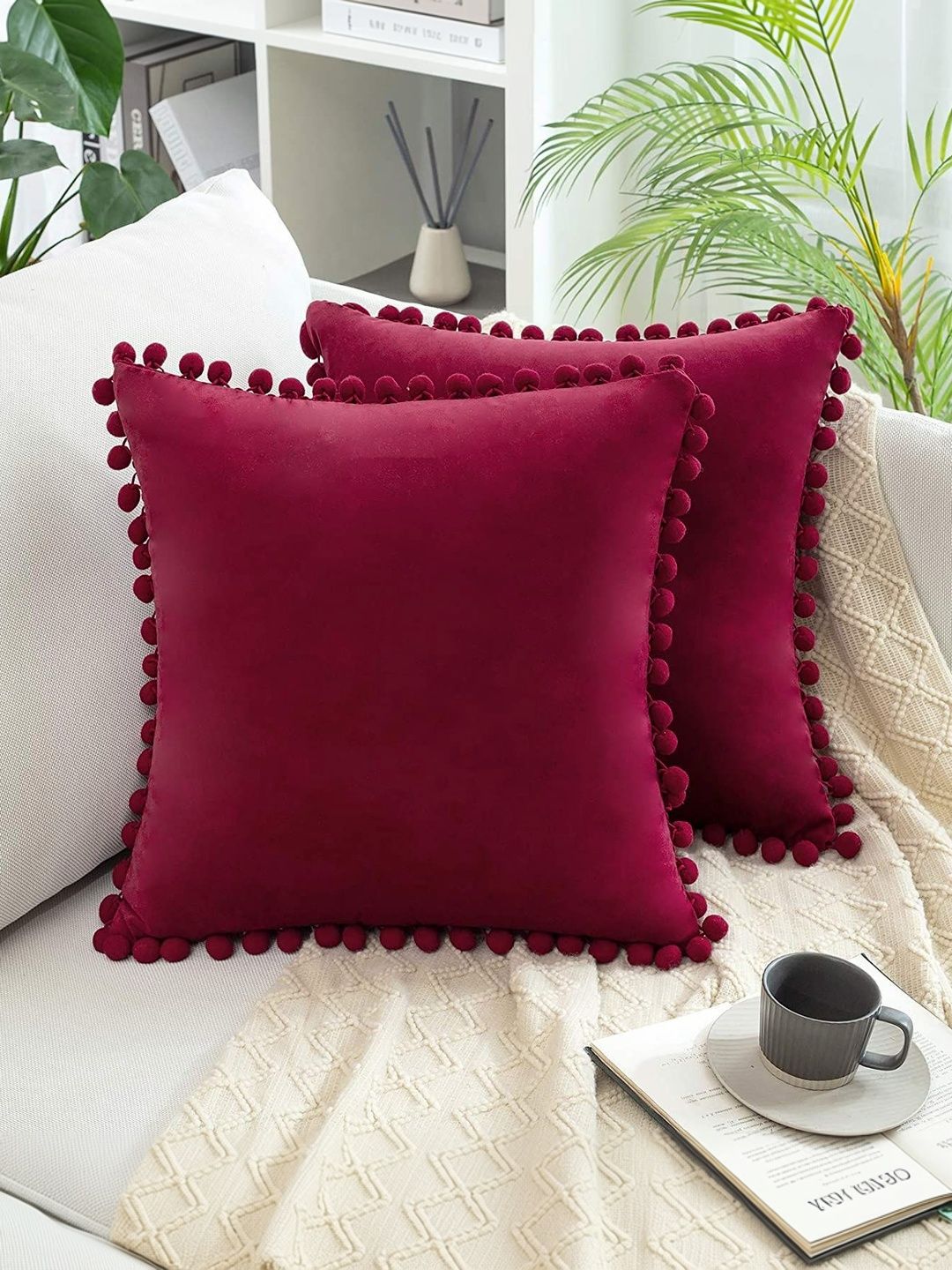 KNOTTING HOME Burgundy Set of 2 Velvet Square Cushion Covers