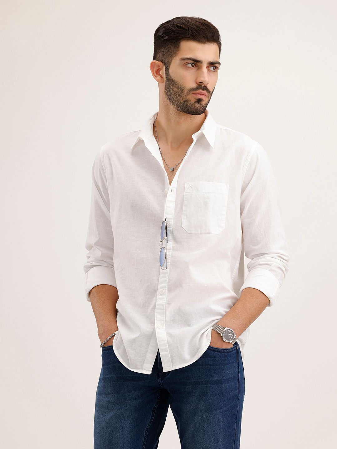 WROGN Men White Slim Fit Cotton Linen Casual Shirt
