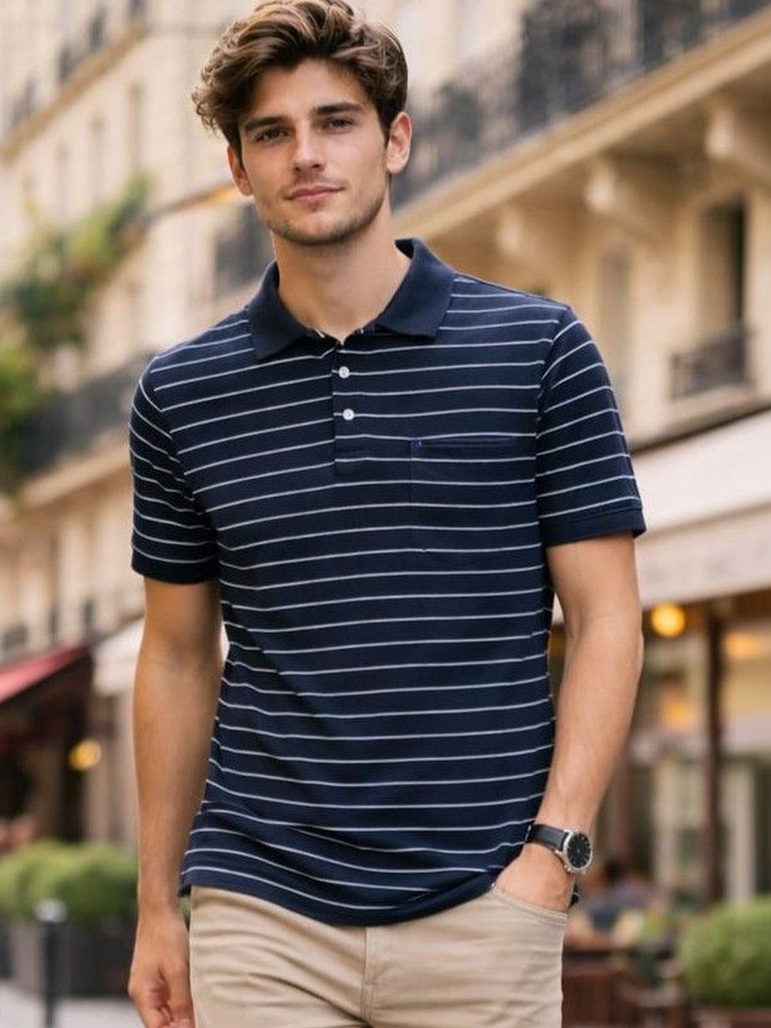 WILD ELEPHANT Men Striped Polo Collar Pockets T-shirt