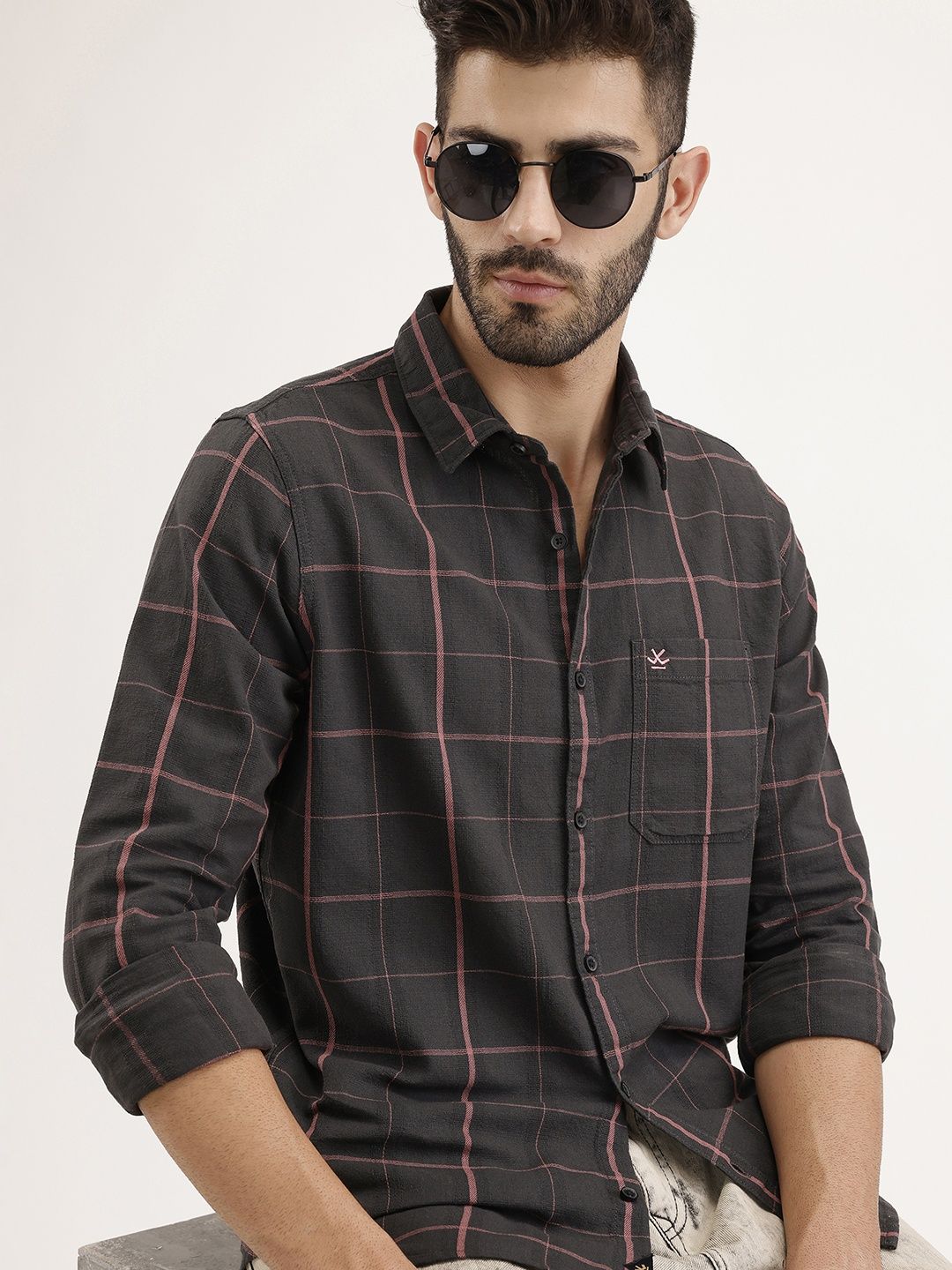 WROGN Pure Cotton Windowpane Checks Casual Shirt