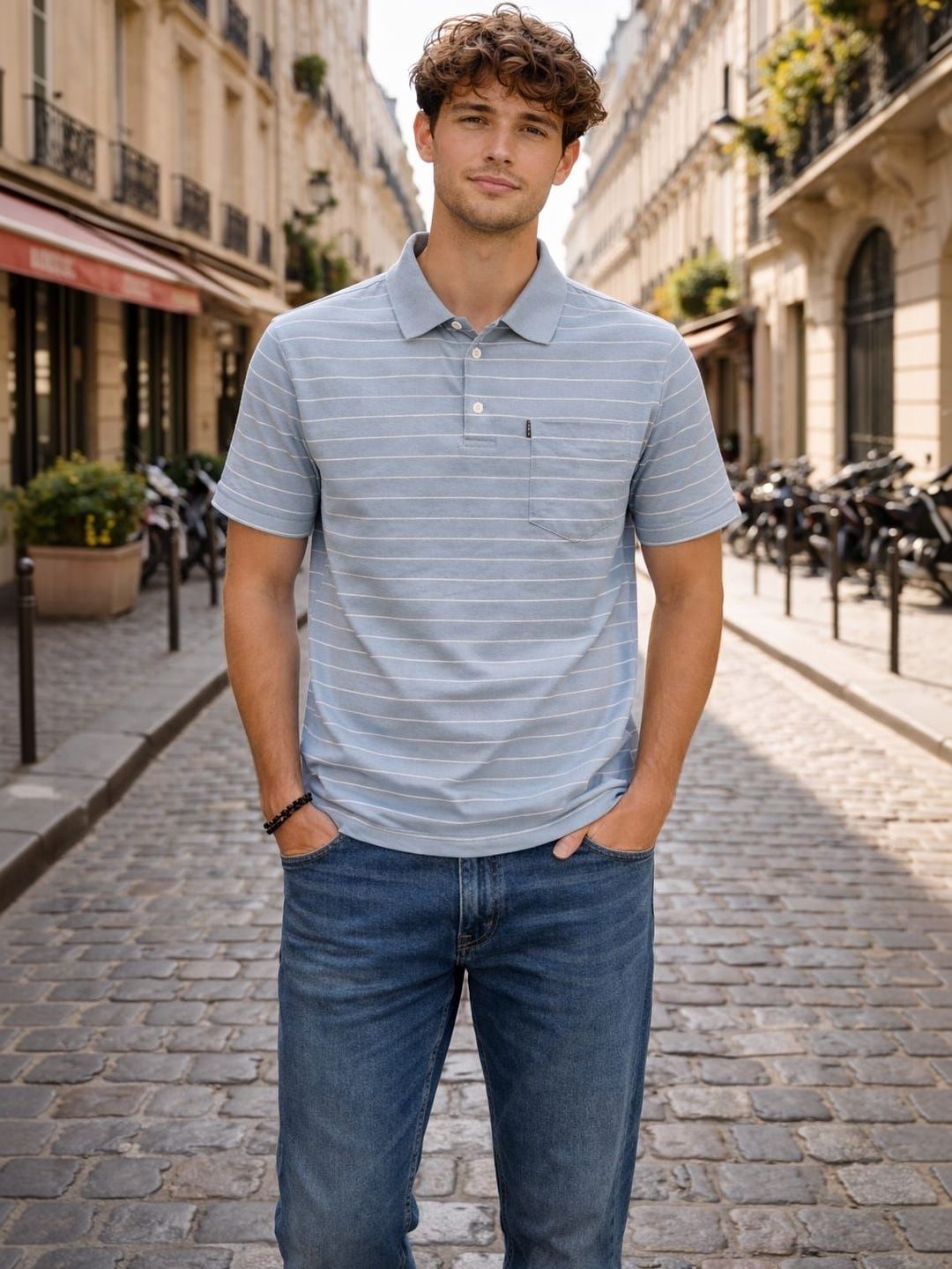 WILD ELEPHANT Men Striped Polo Collar Pockets T-shirt