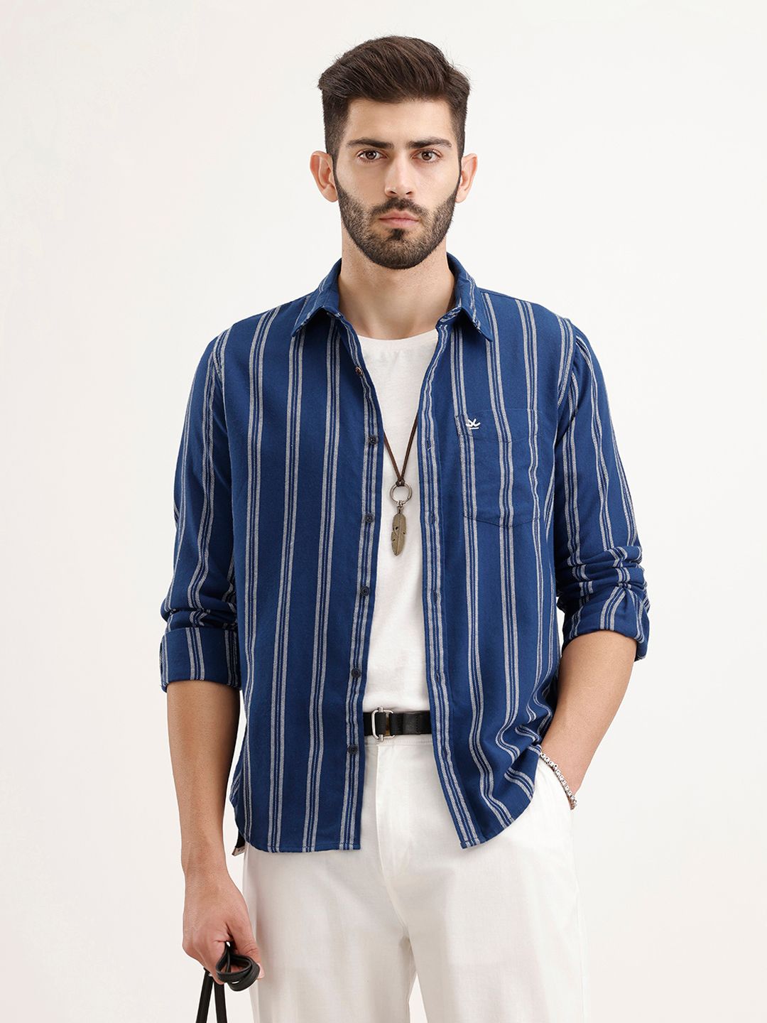 WROGN Men Navy Blue & Grey Slim Fit Striped Casual Shirt