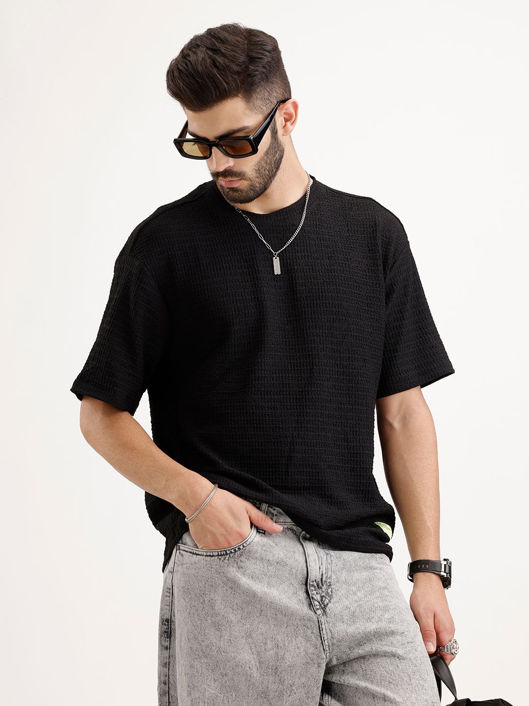 WROGN Self Design Textured Oversized T-shirt