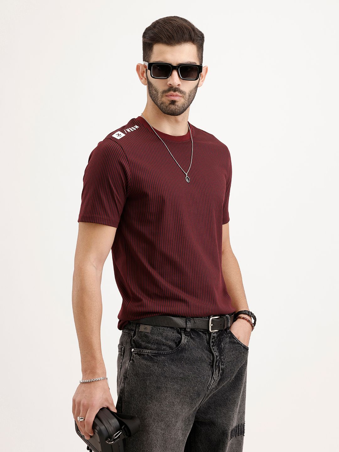 WROGN Men Maroon  Black Striped Slim Fit  Cotton T-shirt