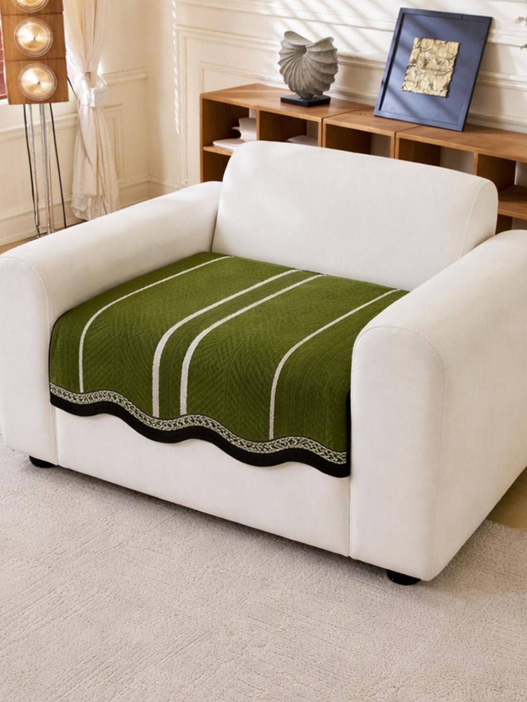 HOUSE OF QUIRK Green & Olive Green Striped 1 Piece Sofa Cover Without Arms