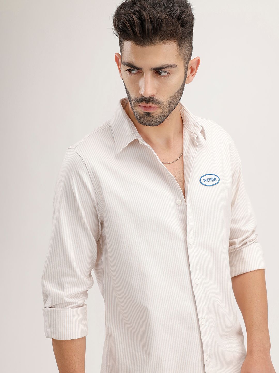WROGN Striped Applique Detail Pure Cotton Casual Shirt