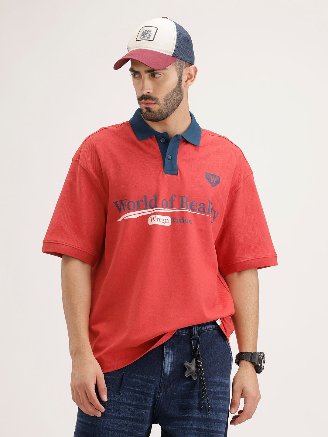 WROGN WROGN Typography Printed Polo Collar Drop-Shoulder Sleeves Pure Cotton Oversized T-shirt