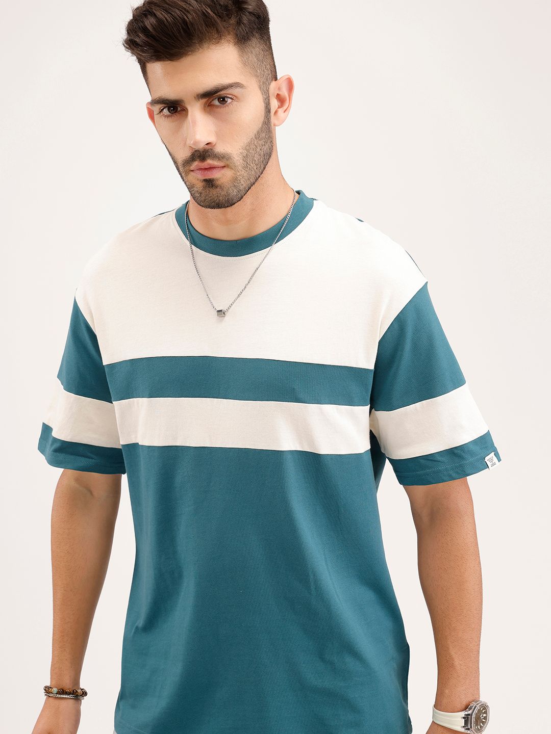 WROGN Striped Drop-Shoulder Sleeves Pure Cotton Oversized T-shirt
