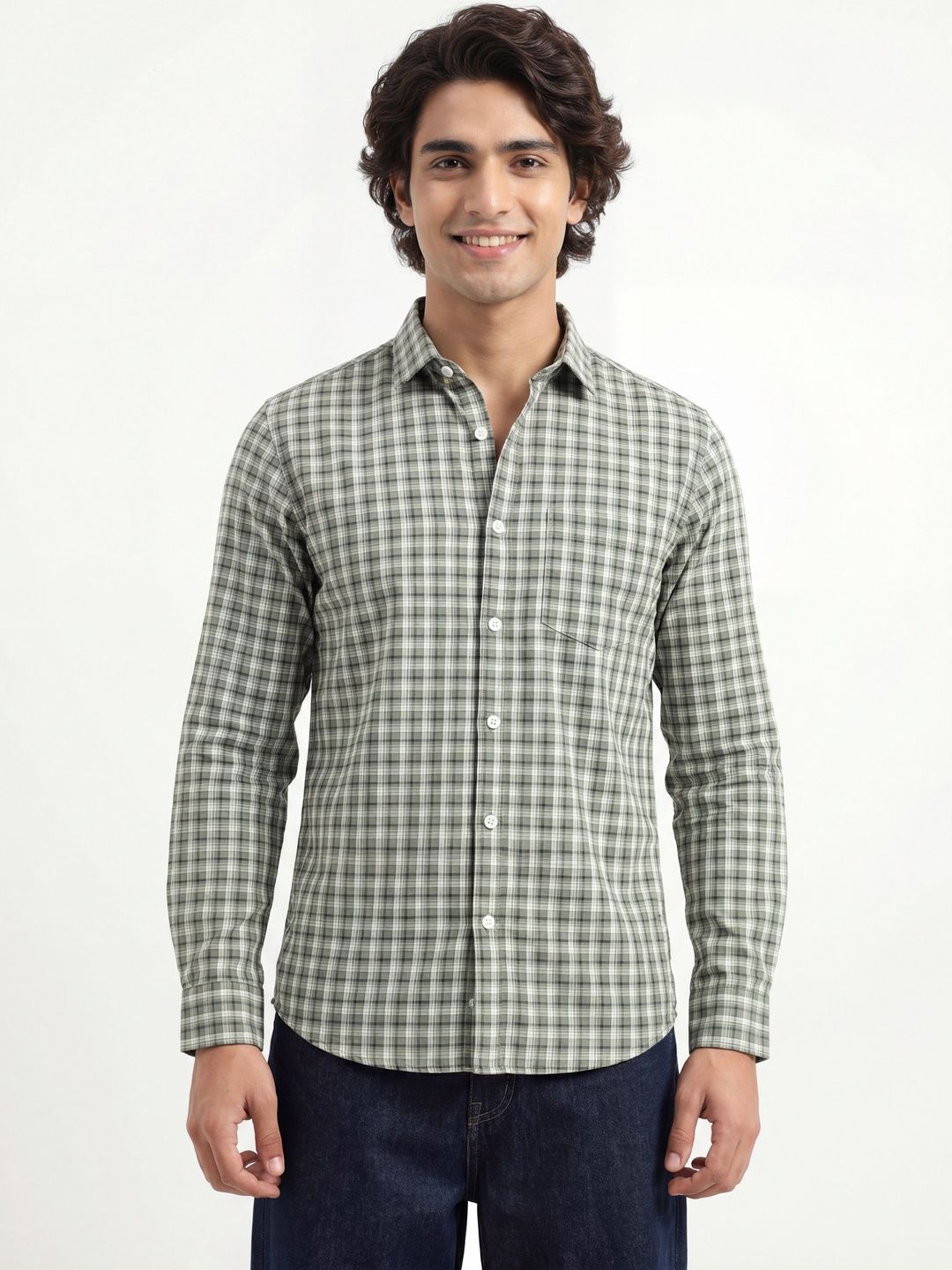 The Roadster Lifestyle Co Checked Pure Cotton Spread Collar Shirt