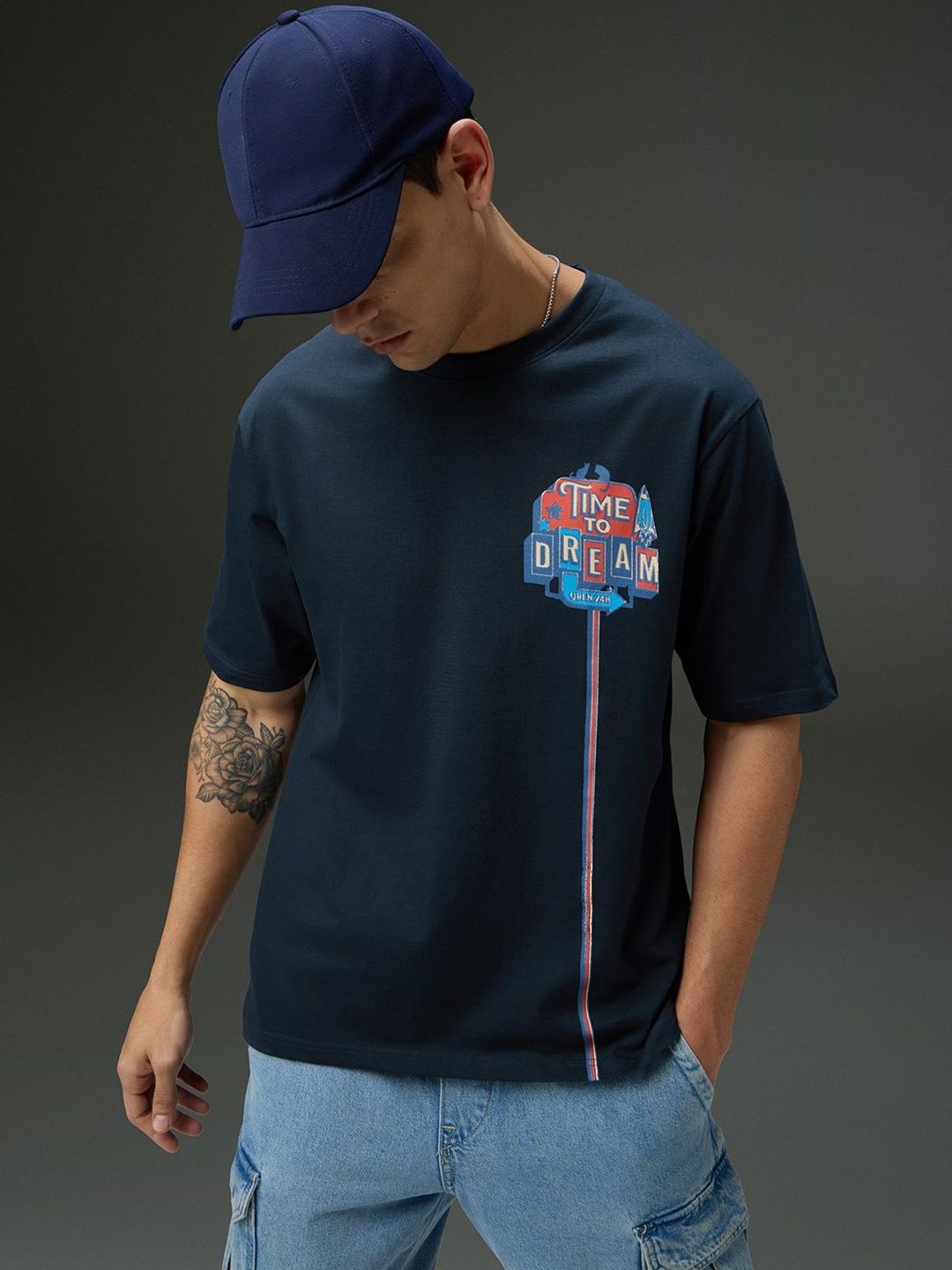 DILLINGER Mens Round Neck Half Sleeve Printed Oversized Fit Tshirt
