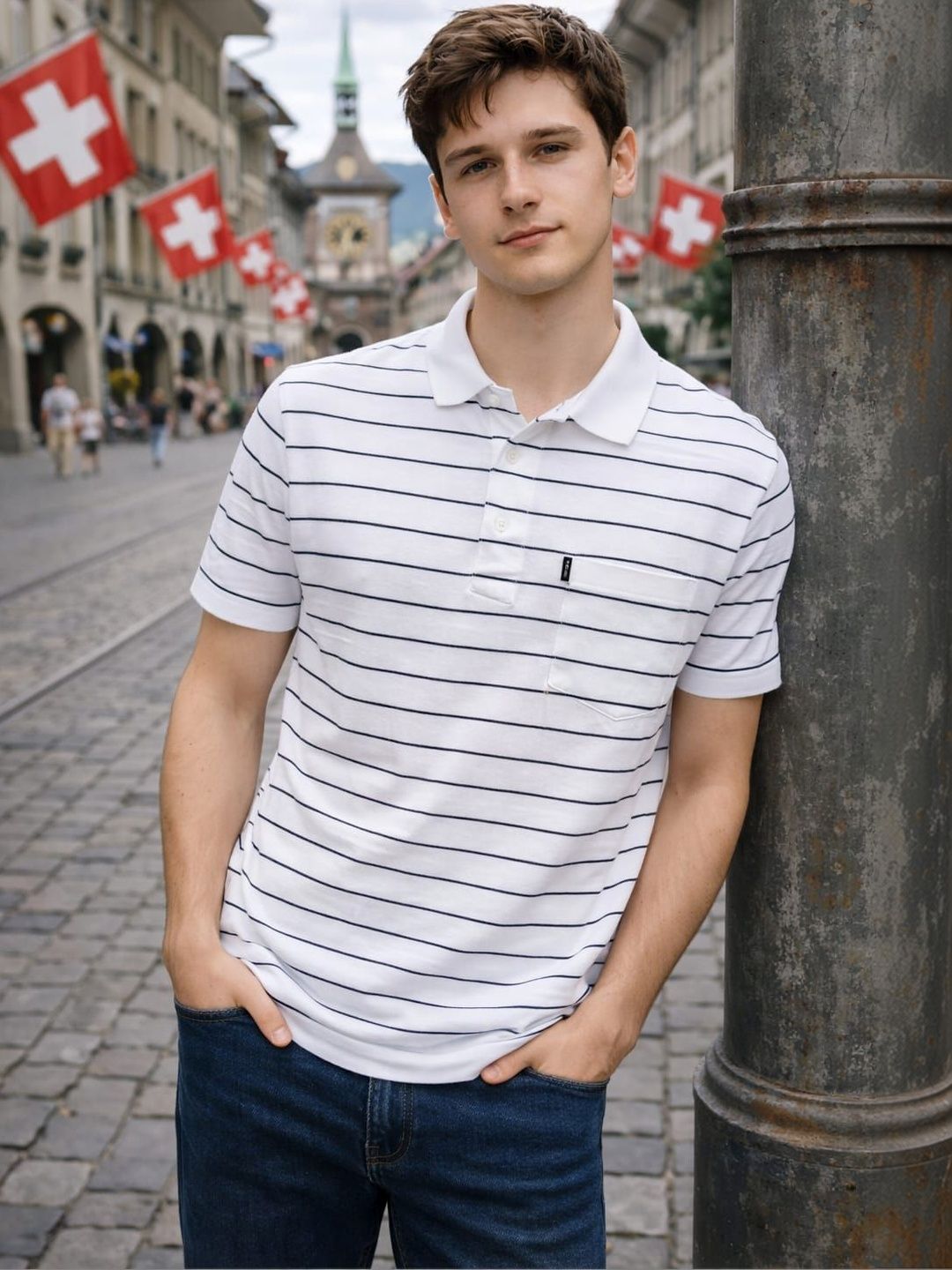 WILD ELEPHANT Men Striped Polo Collar Pockets T-shirt