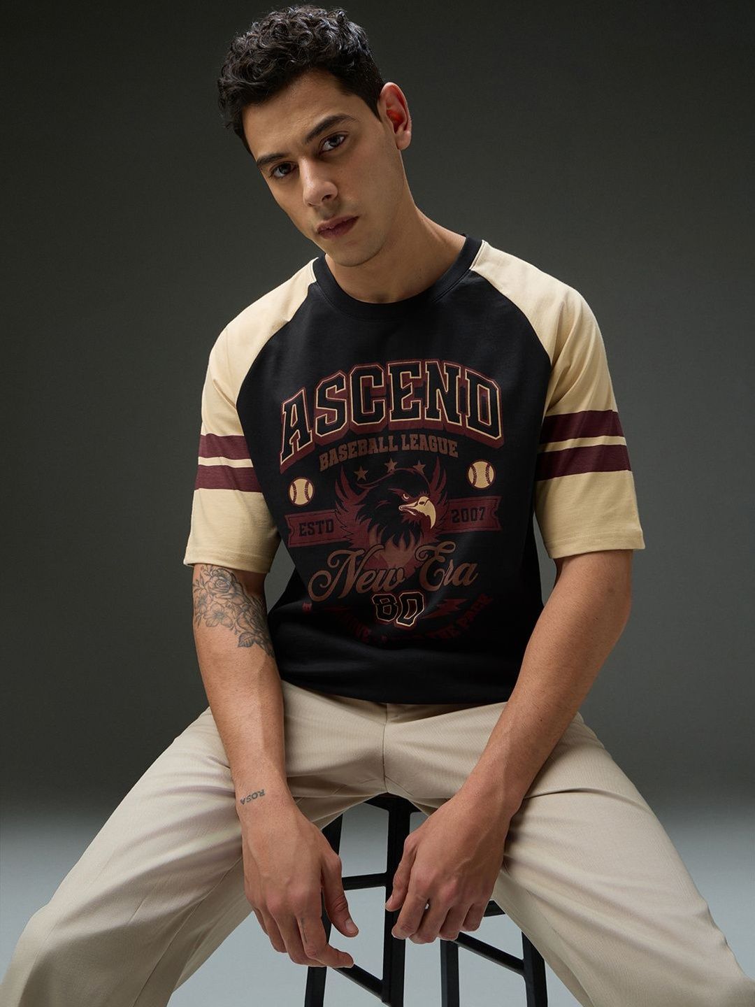 DILLINGER Mens Round Neck Raglan Sleeve Printed Oversized Fit Tshirt