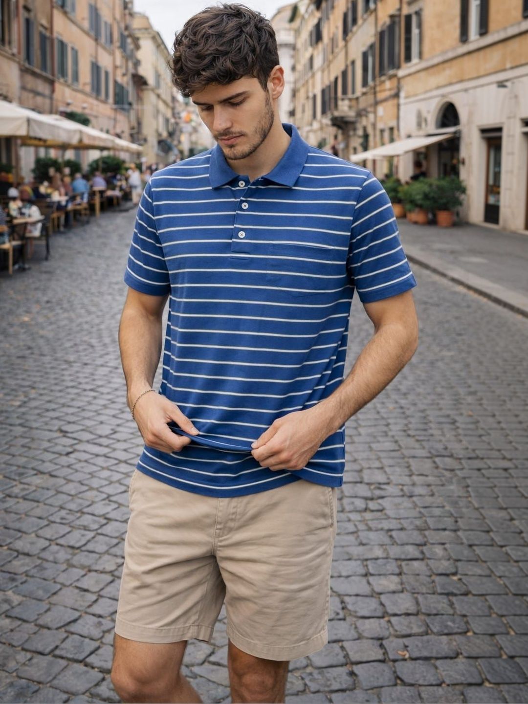 WILD ELEPHANT Men Striped Polo Collar Pockets T-shirt