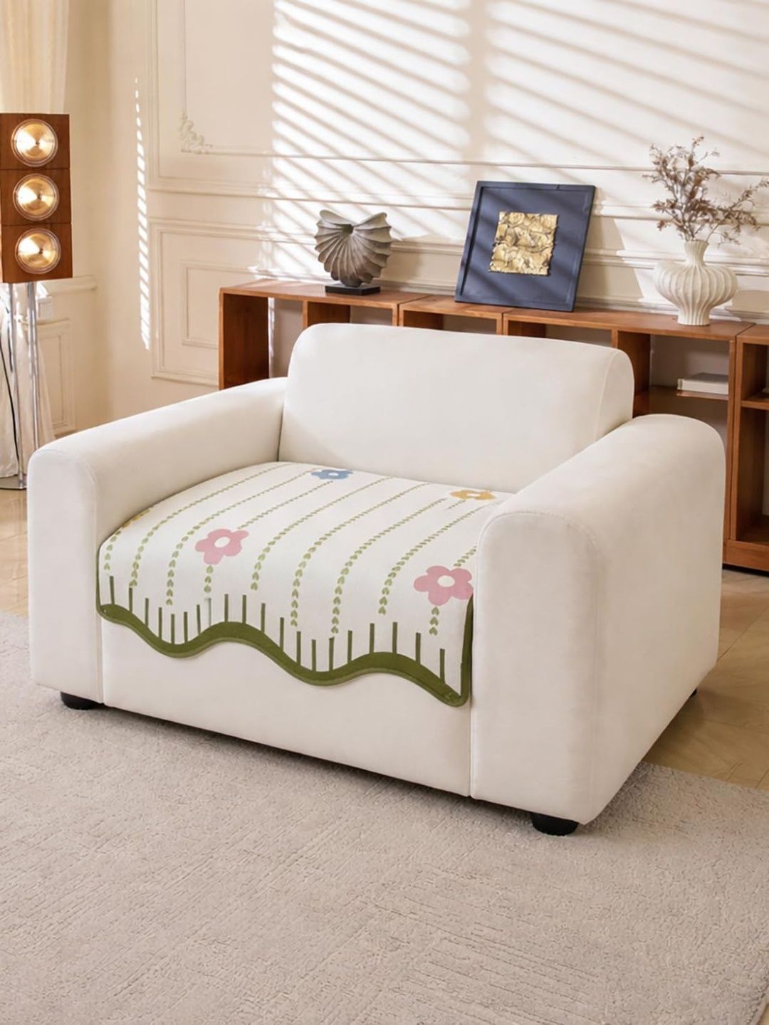HOUSE OF QUIRK Beige & White Printed 1 Piece Sofa Cover Without Arms