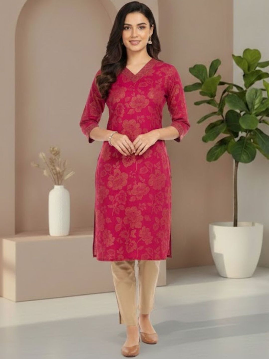 BIRDIE Floral Printed V-Neck Pure Cotton Kurti