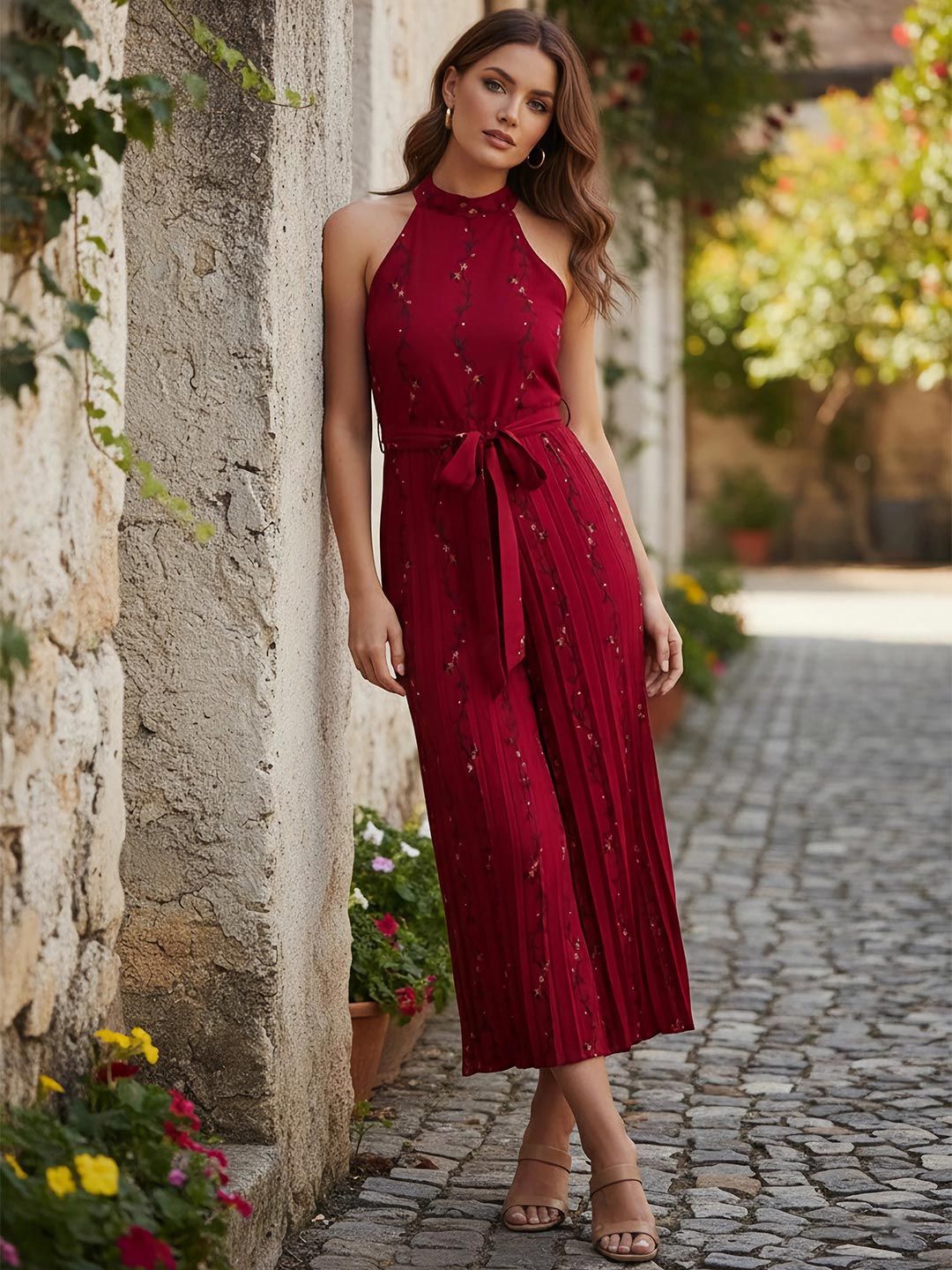 Berrylush Floral Printed Halter Neck Pleated Culotte Jumpsuit