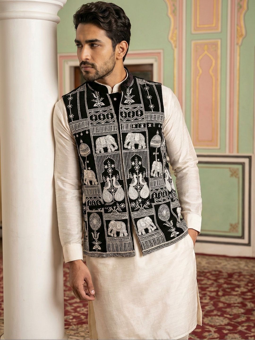 Jompers Embroidered Mandarin Collared Nehru Jackets