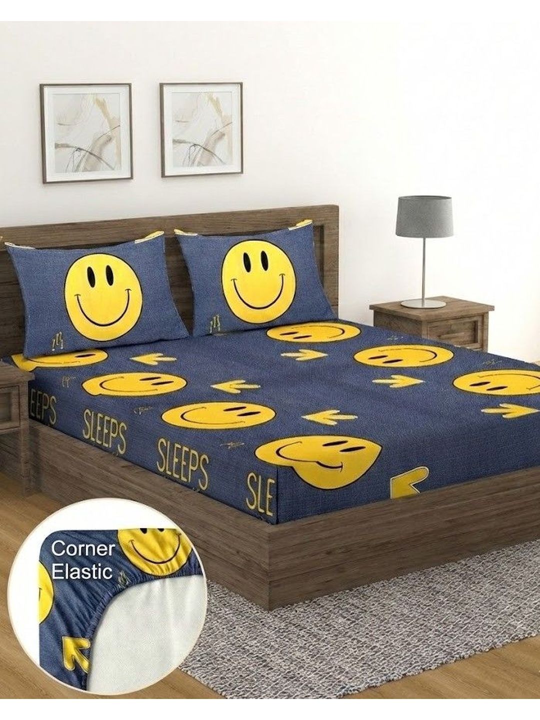 Fashion String Navy Blue Conversational 144 TC Bedsheet with 2 Pillow Covers