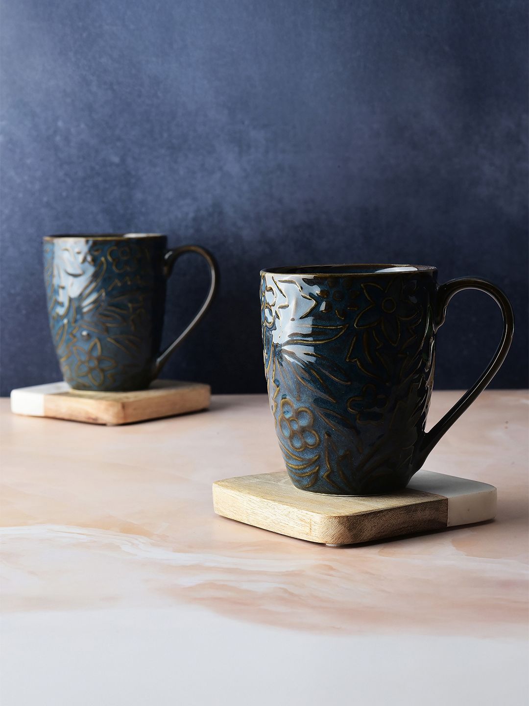 Simply Soho Blue Floral Textured Ceramic Glossy Cups Set of Cups and Mugs
