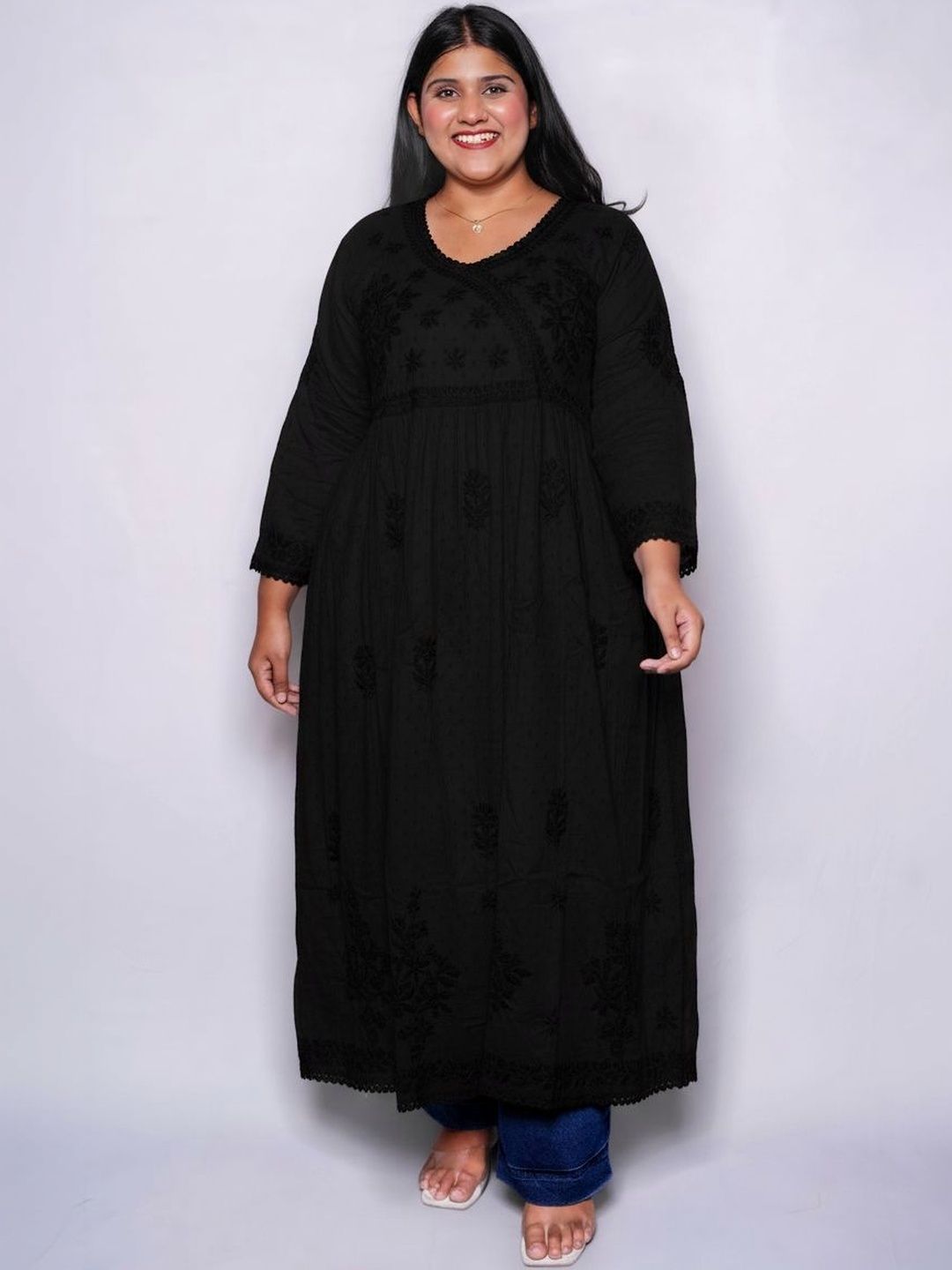 MALABIS Ethnic Motifs Embroidered V-Neck Chikankari Pure Cotton Blend Chikankari Empire Anarkali Kurti
