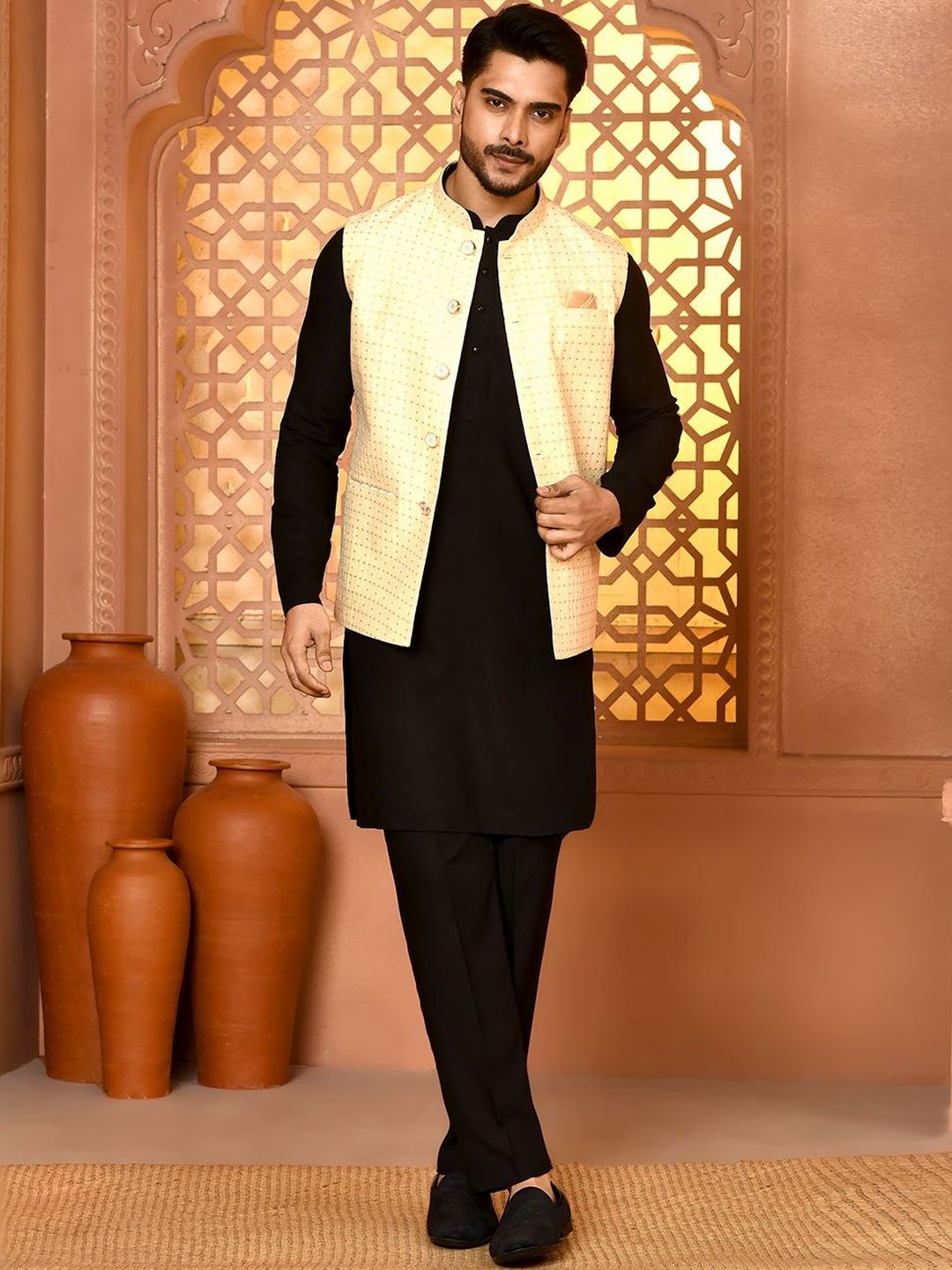 TRENDS OF ETHNIC Men Woven Design Classy Fit Jacquard Nehru Jacket