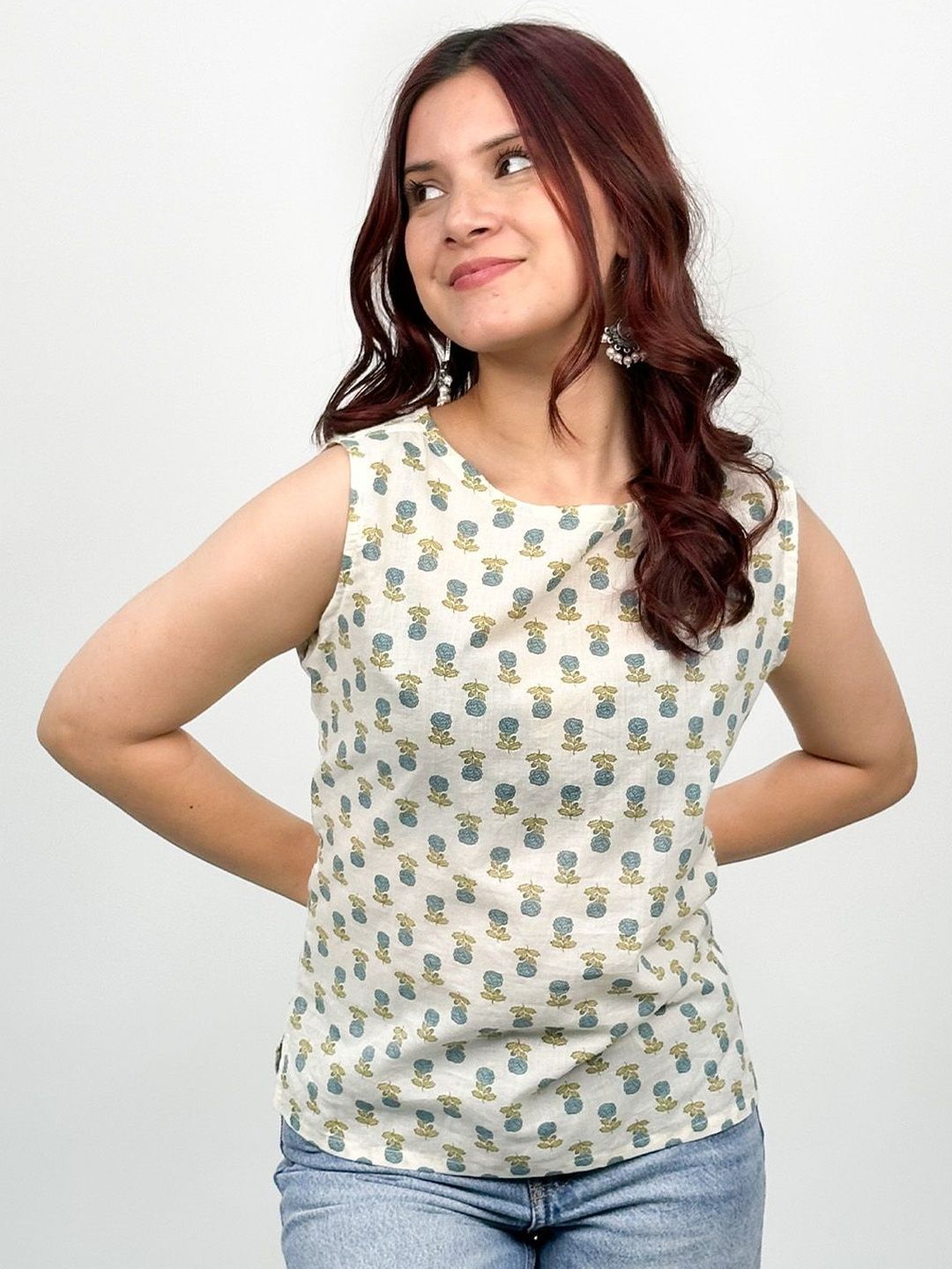 DKY Floral Printed Boat Neck Pure Cotton Blend Kurti