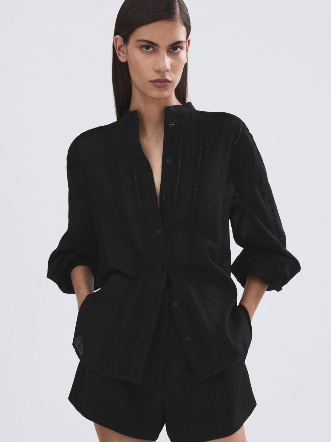 Floral Embroidered Puff Sleeves Band Collar Shirt Style Top