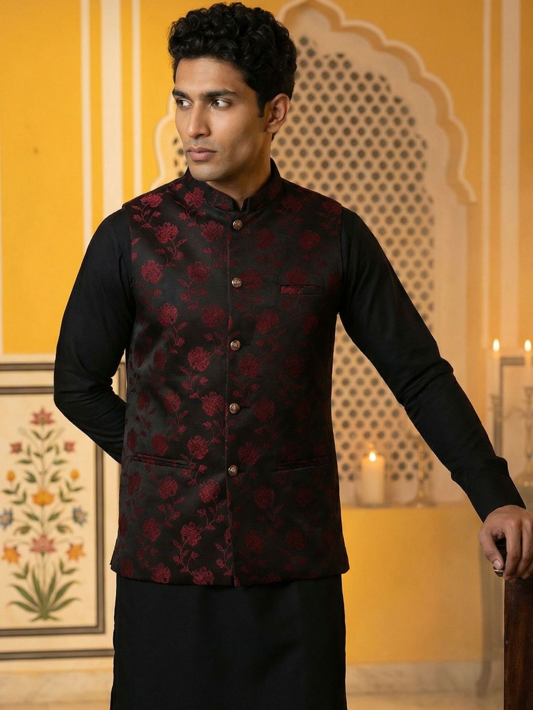 Jompers Embossed Mandarin Collared Nehru Jackets