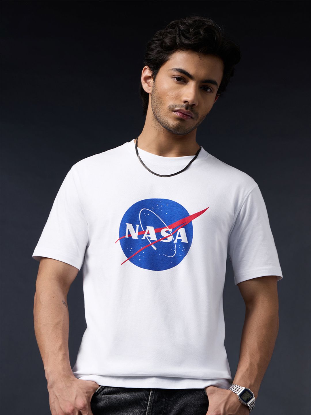 The Souled Store Men Relaxed Fit NASA Printed White T-Shirts