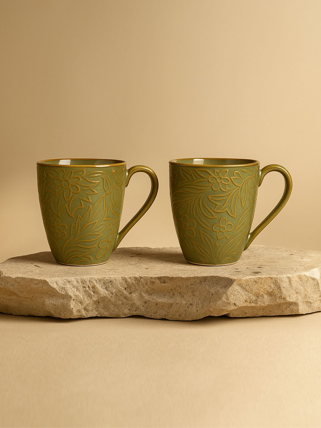 Simply Soho Green Floral Textured Ceramic Glossy Cups Set of Cups and Mugs