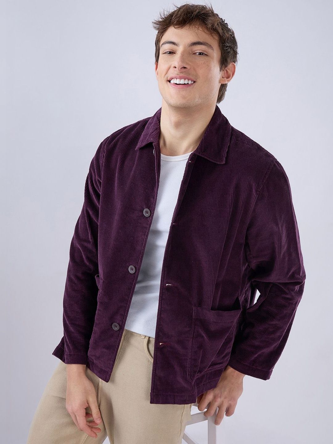VASTRADO Exquisite Wine Corduroy Double Pocket Oversized Shacket