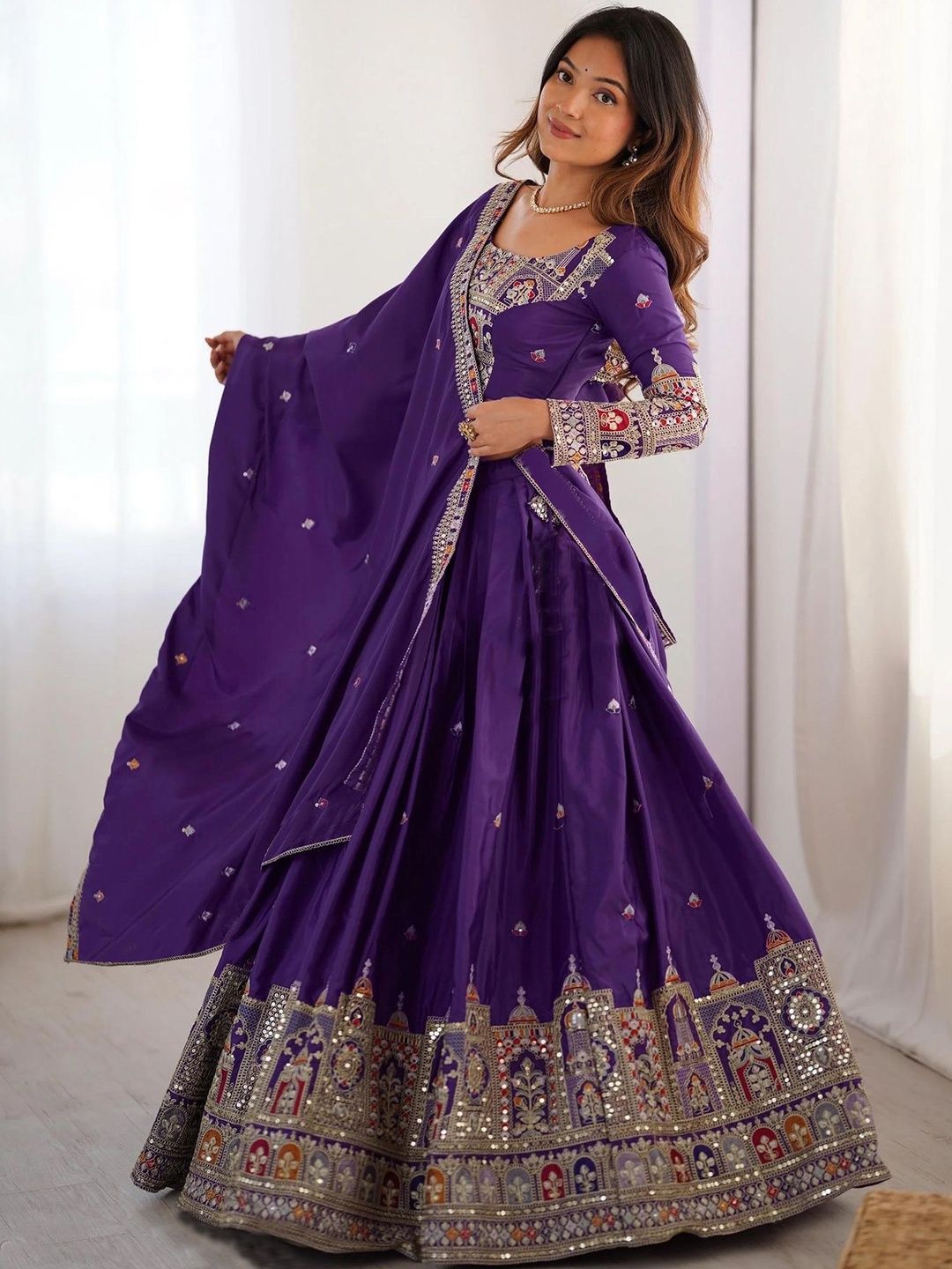 SIDDESHWARY FAB Embroidered Mirror Work Semi-Stitched Lehenga & Blouse With Dupatta
