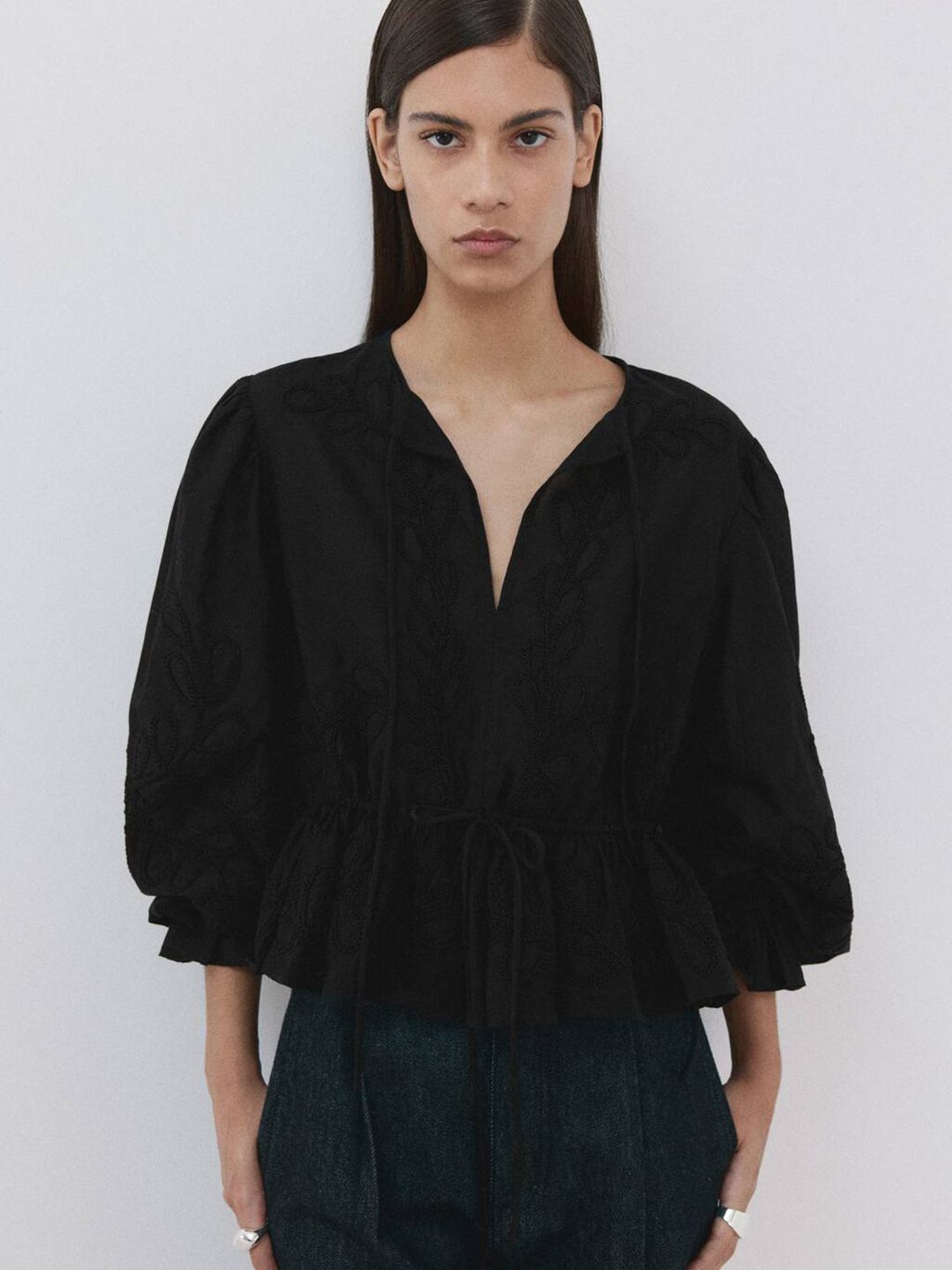 Floral Embroidered Cotton Peplum Crop Top